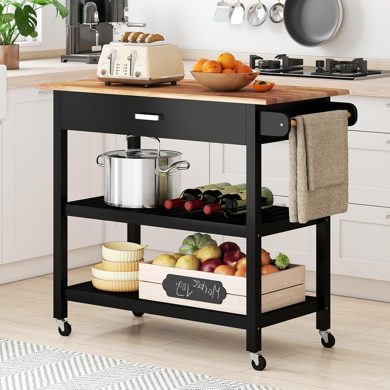 Wózek Kuchenny, Wieszak na Ręczniki, Blat z Drewna Kauczukowego, Wózek na Kółkach, 1 Szuflada, 2 Otwarte Półki, Rama z Drewna Sosnowego (Czarny)