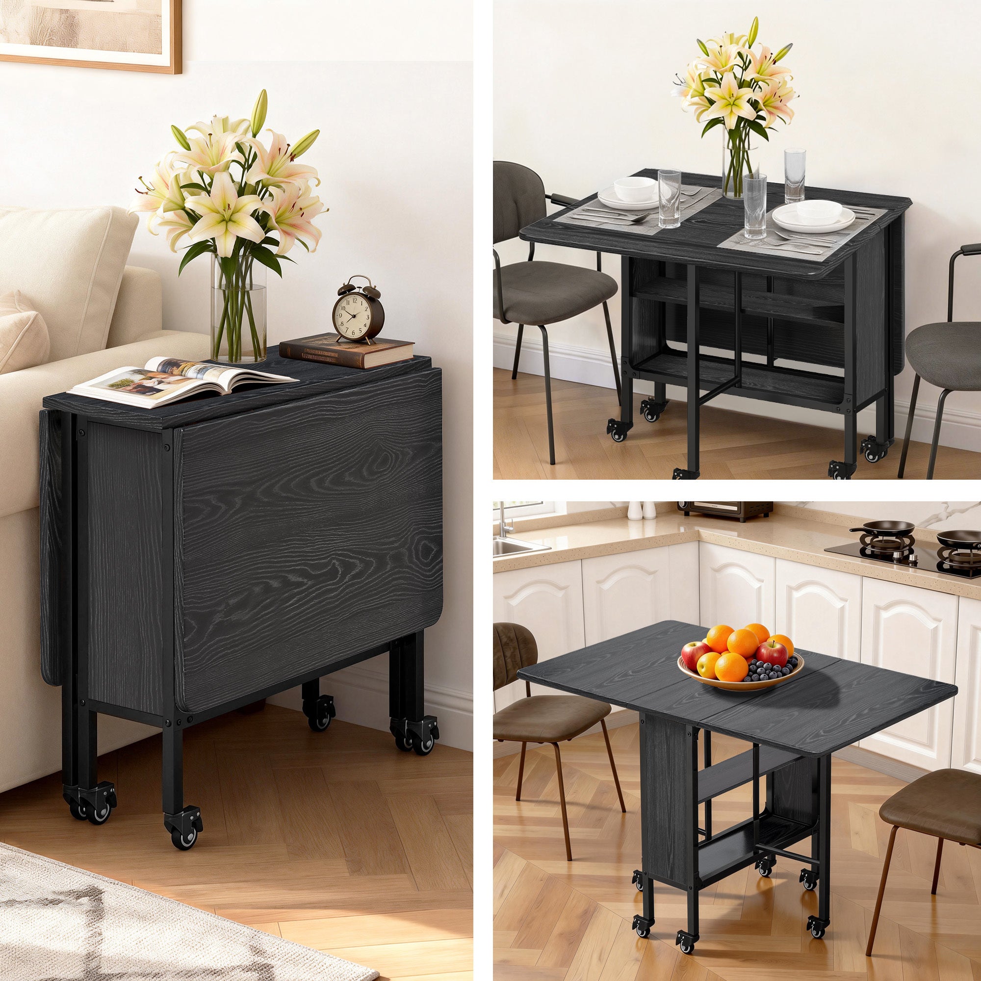 Mesa plegable abatible para 6 personas, estructura de metal negro y tablero de madera negro, 130 x 80 x 74 cm - 5