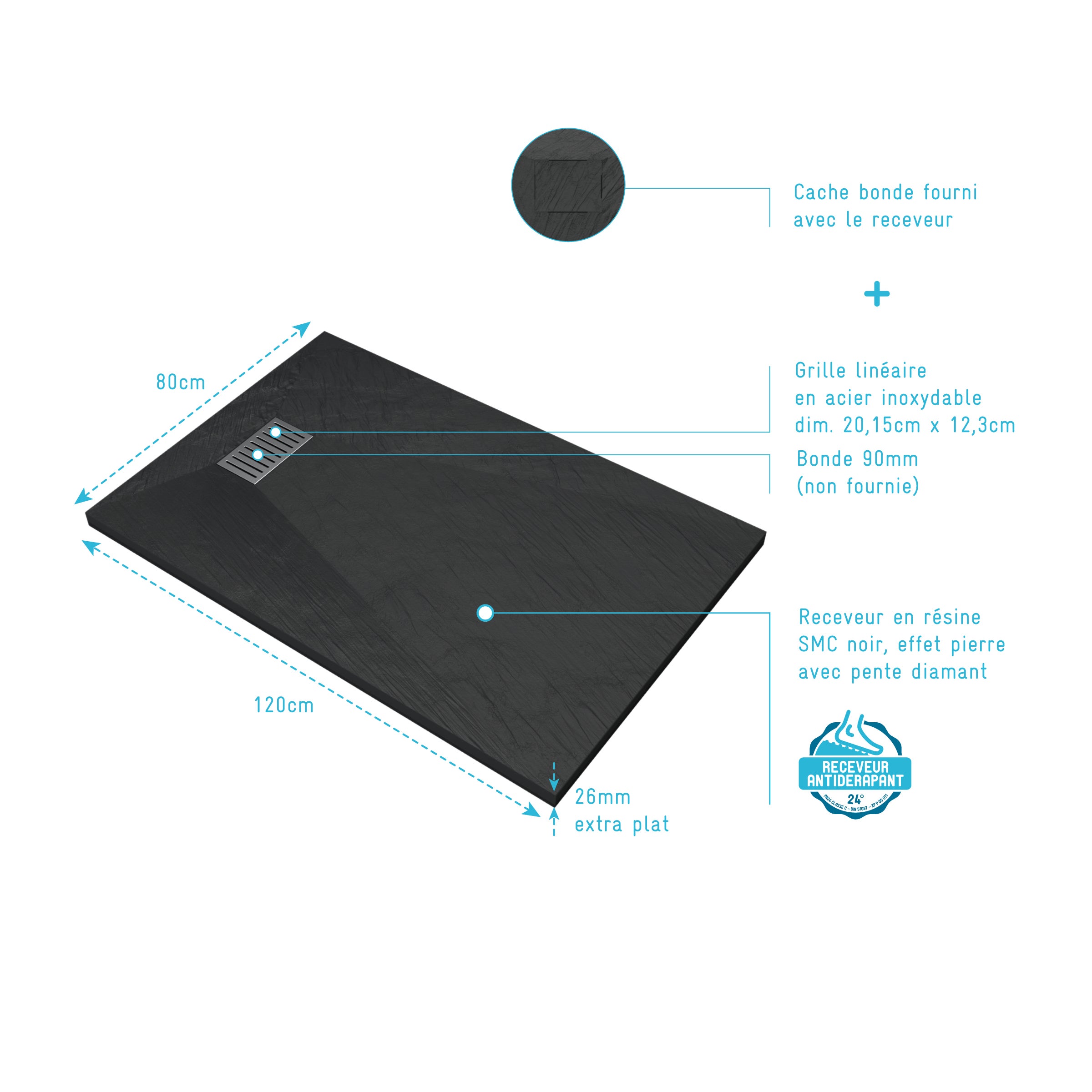 Receveur de douche Noir Effet Pierre 80x120 cm et Grille décor Linéaire en Inox - 4