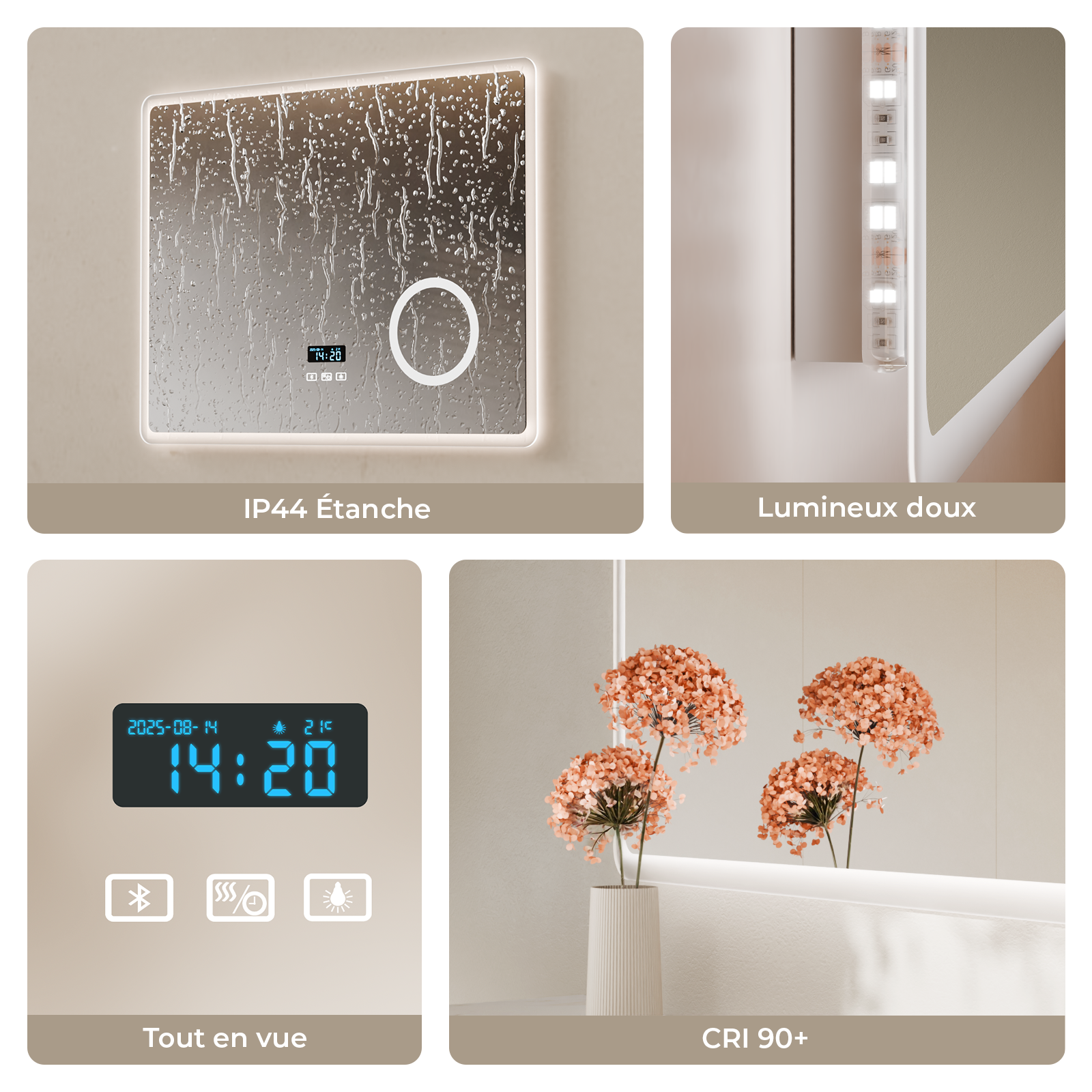 Lustro łazienkowe LED Bluetooth 100 × 60 cm – prostokątne, 3× powiększające, przeciwmgielne, dotykowy włącznik, 3000/4000/6500 K - 6
