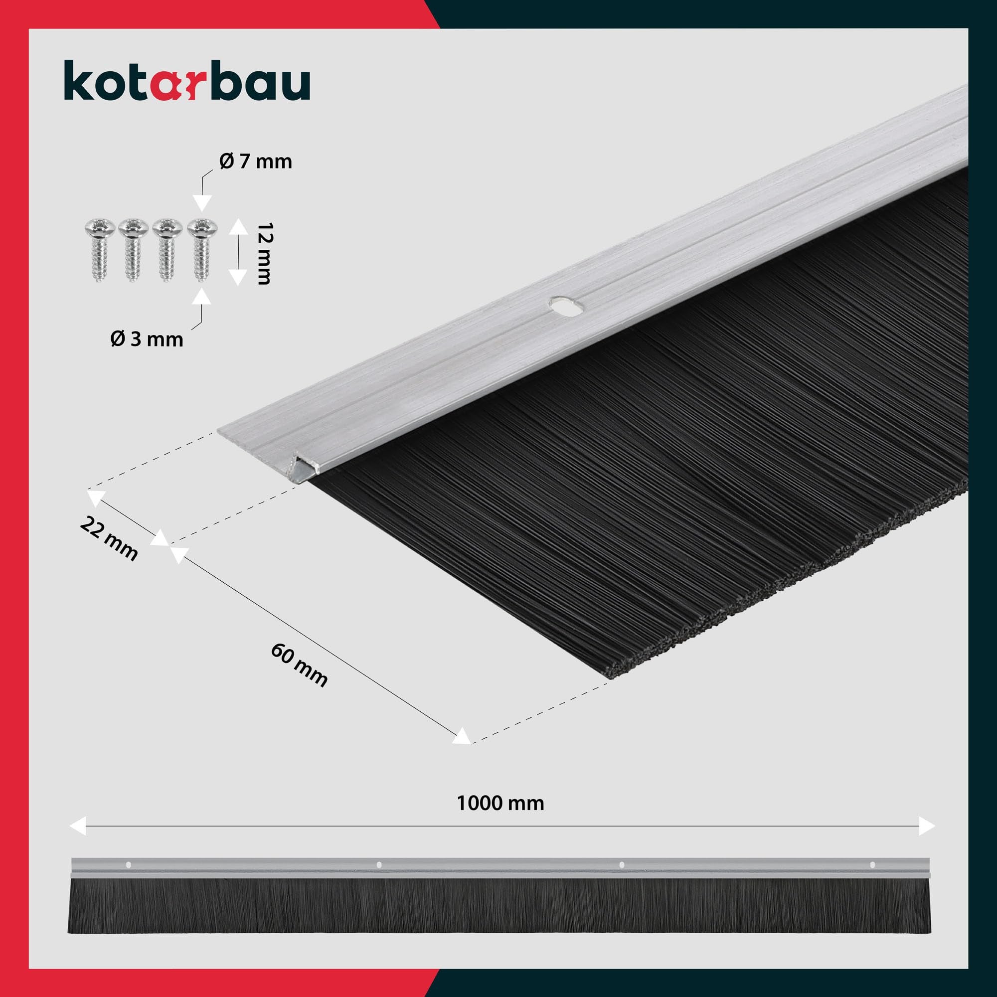 Joint de brosse en aluminium à visser 100 cm x 60 mm bas de porte isolant anti froid balai porte d'entrée et de garage - KOTARBAU - 3