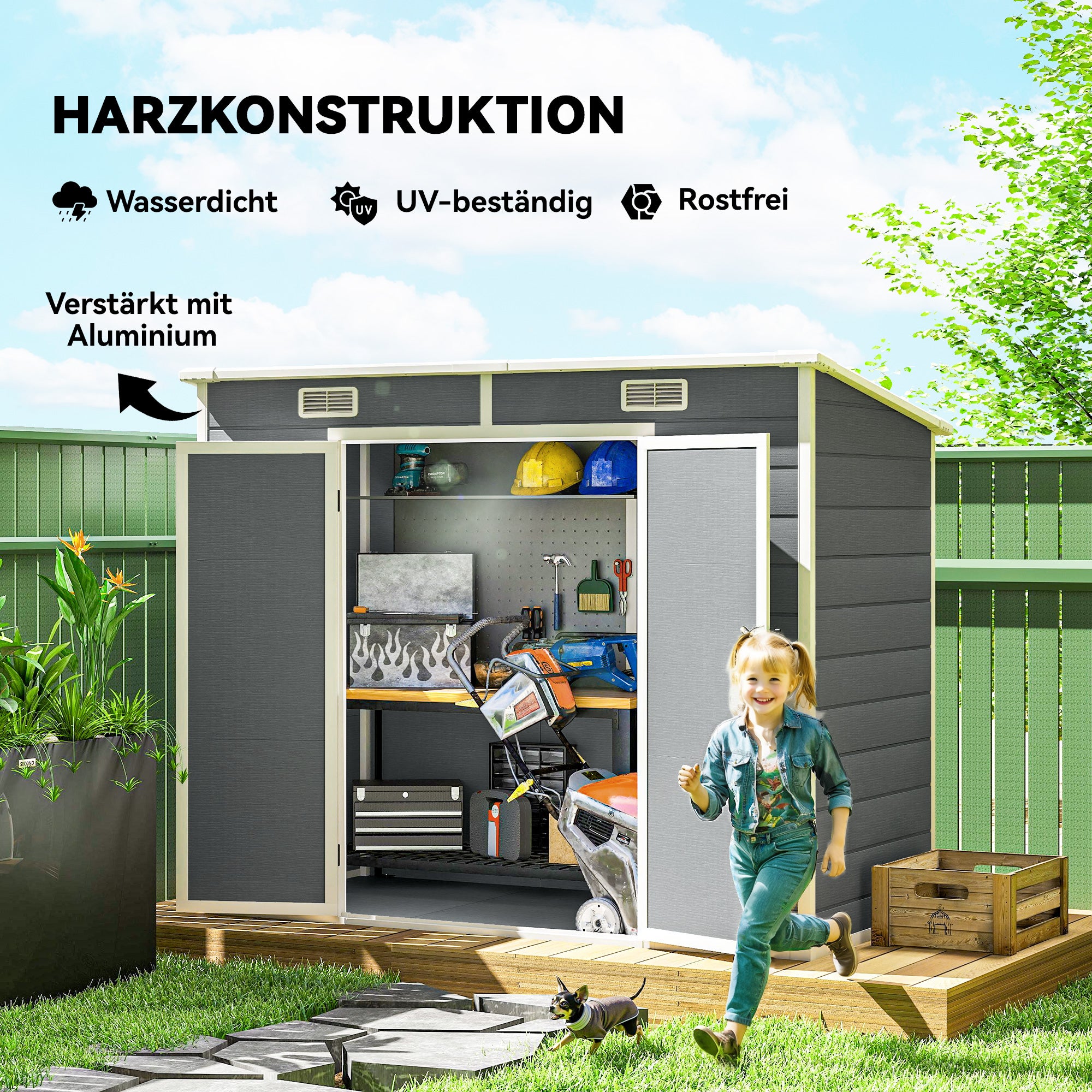 Cabanon jardin 2,4x1,3 m plastique sol fenêtre portes verrouillables jardin terrasse gris - 7