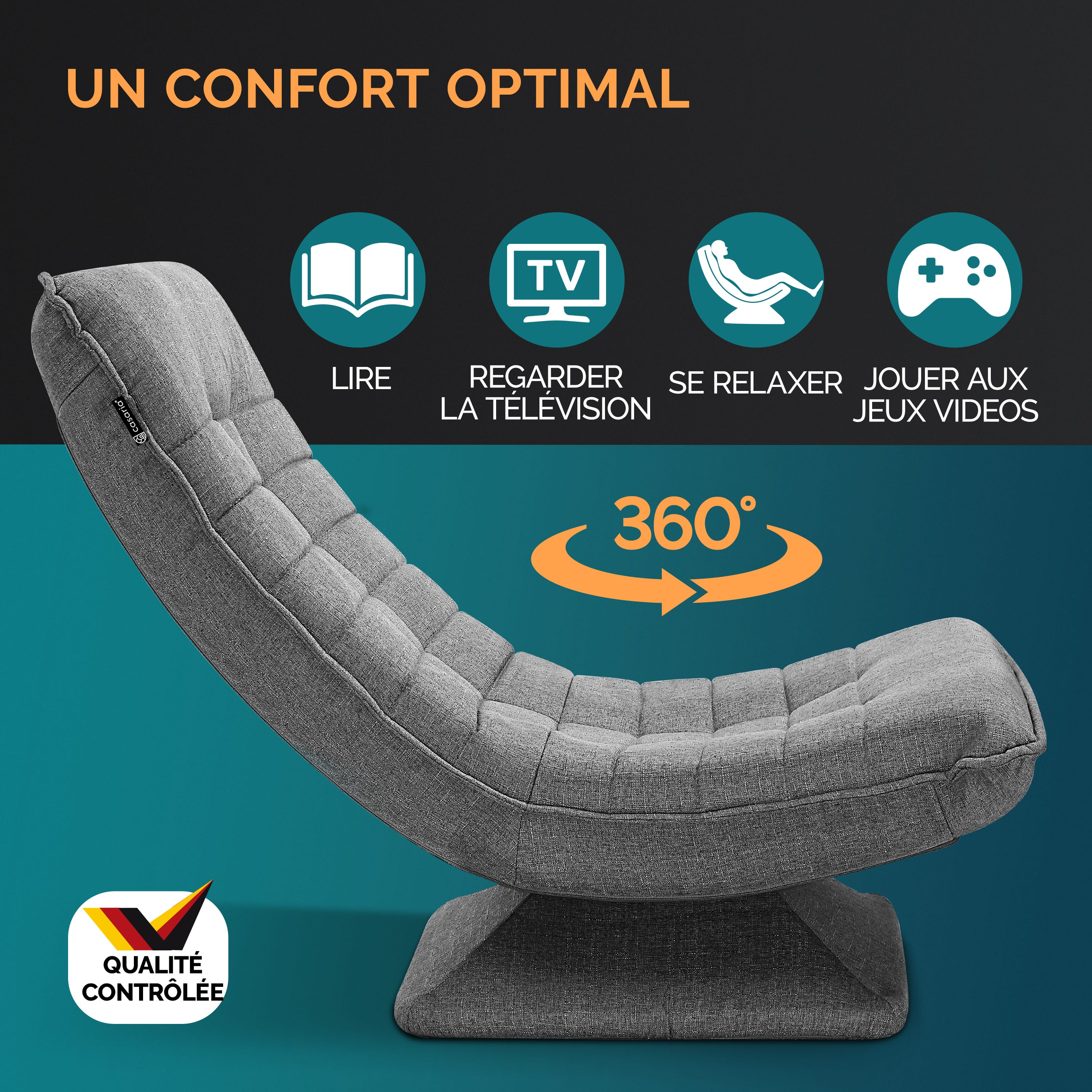 CASARIA® Fauteuil tout confort pivotant à 360° Gris capacité de charge de 150kg siège de gaming 58x57x84/87cm relaxation - 3