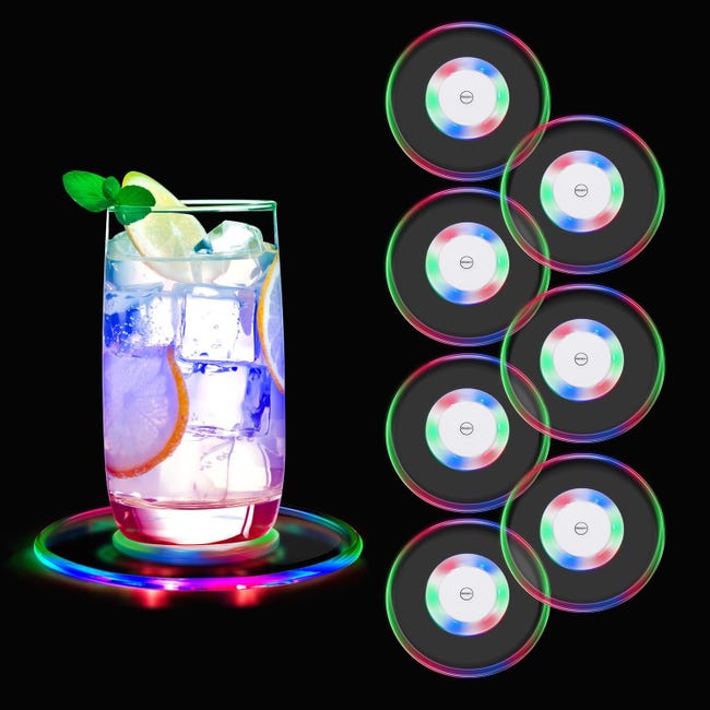 Dessous De Verre LED - Lot De 12 - 8 Modes De Lumière (7 Couleurs + Dégradé) - Autocollant - Pour Fêtes, Bars, Mariages