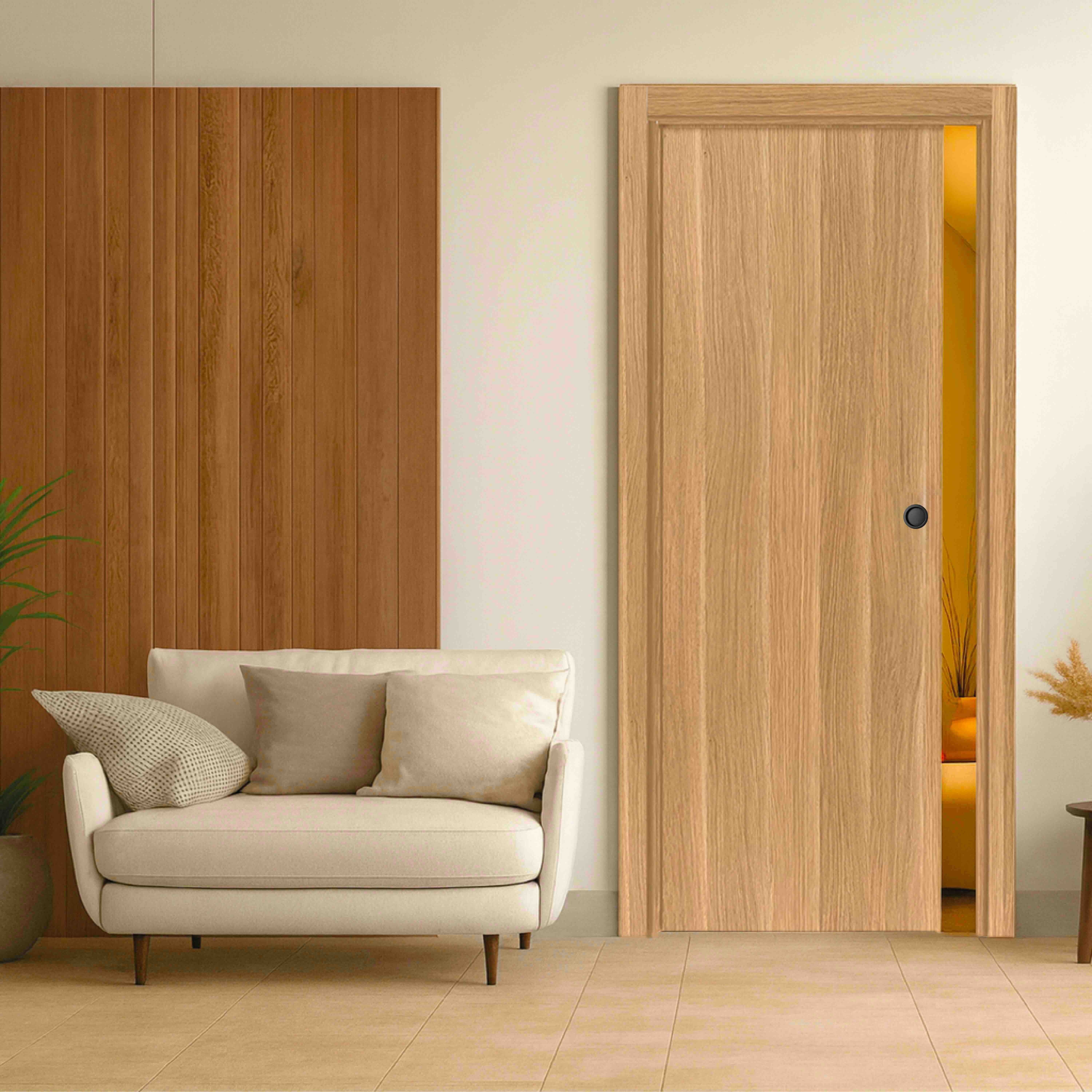Porte coulissante cloison Matild 83 cm avec cuvette ronde noire, finition chêne brut structuré - Reivilo - 2