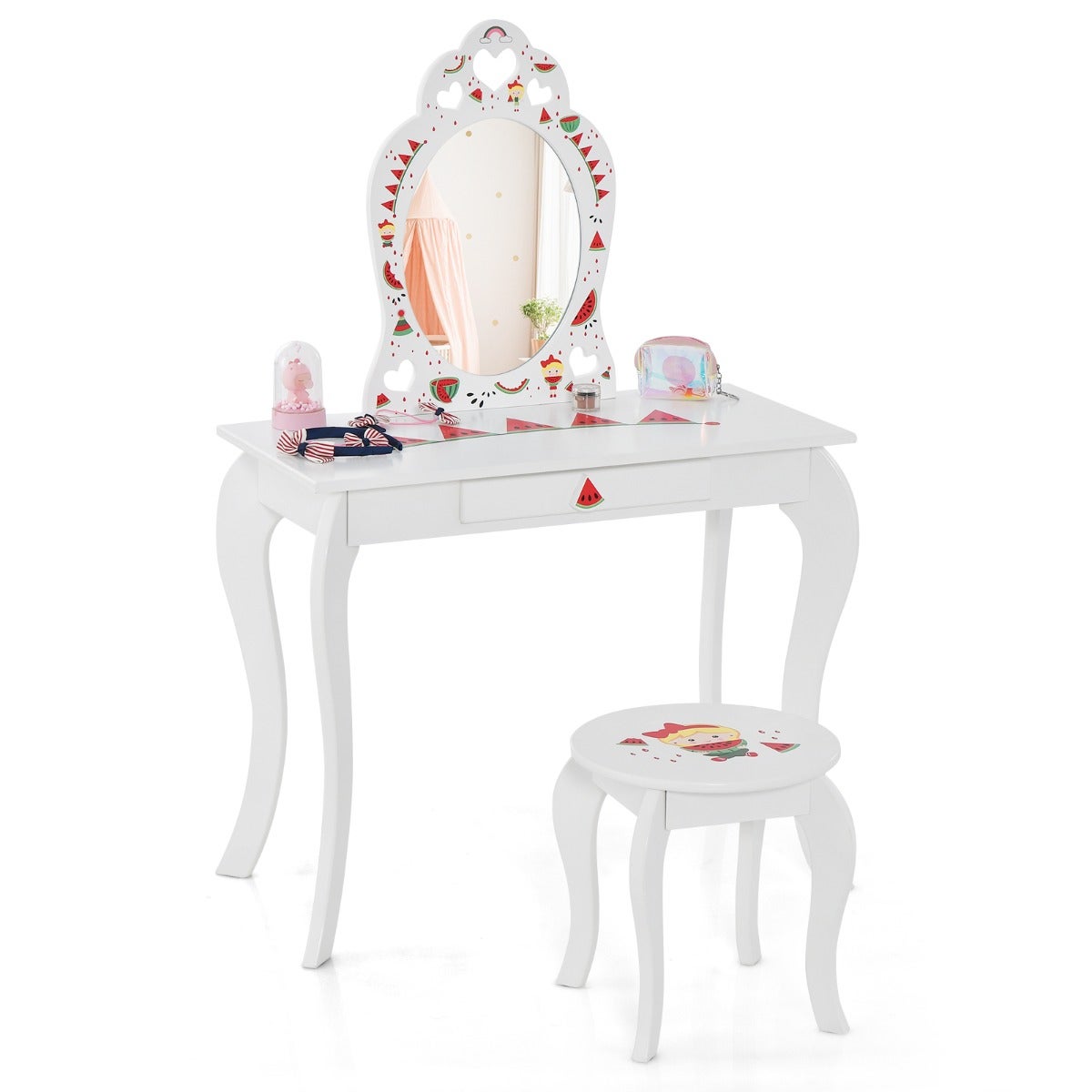 Coiffeuse Enfant Avec Miroir Et Tabouret - Table De Maquillage 2 En 1 Costway - Neuf, à Monter - 70x37x100 Cm