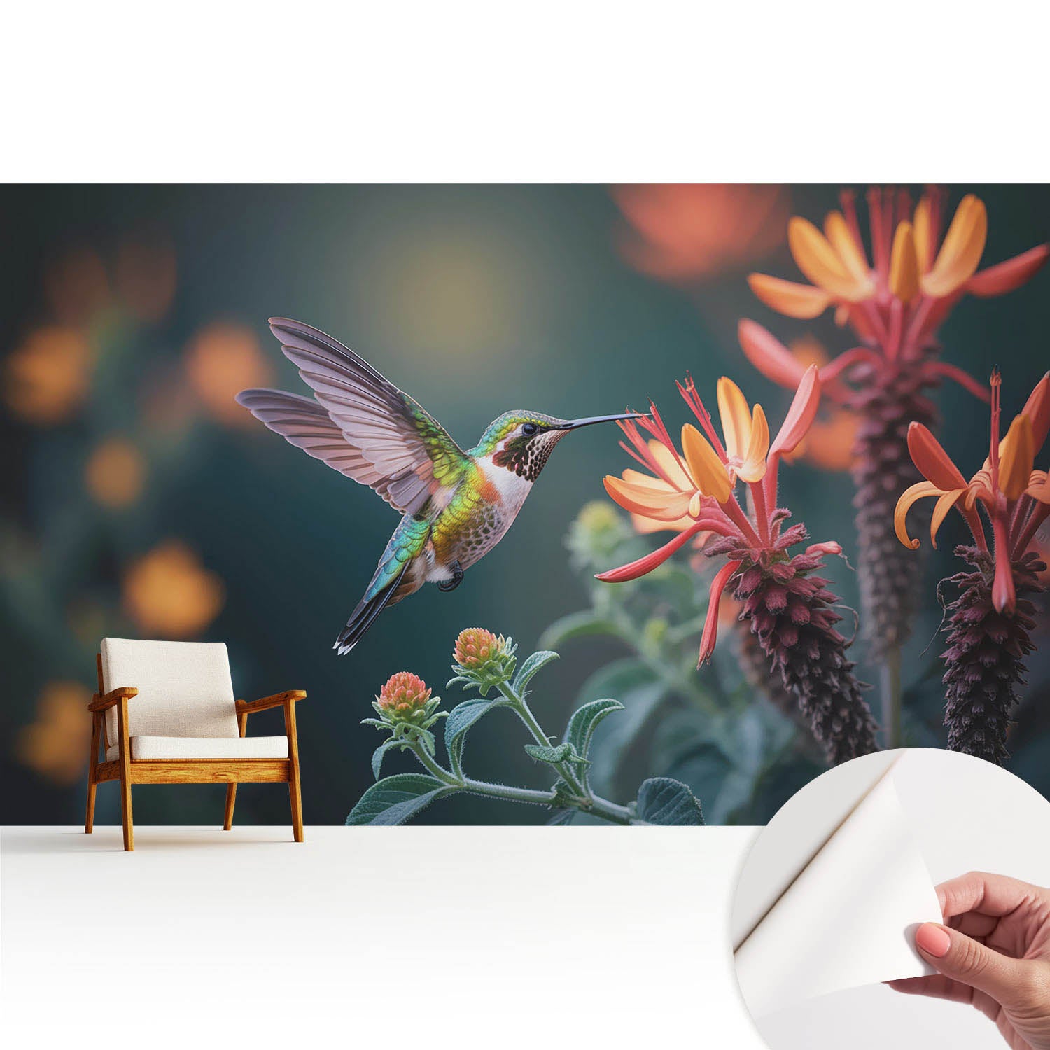 Tapeta samoprzylepna nowoczesna dekoracyjna elegancka stylowa trwała i łatwa w montażu 416x254 cm - Koliber wśród kwitnących roślin TULUP