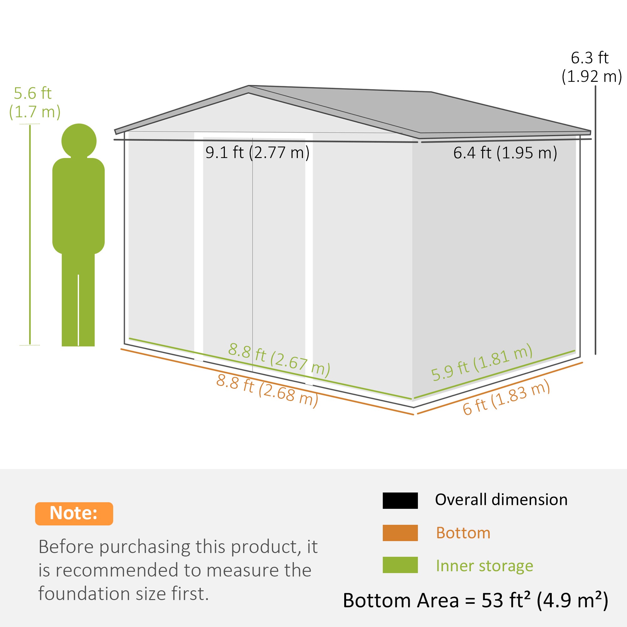 Abri jardin 4,9 m² fondation 4 bouches aération 2 portes coulissantes tôle acier outils, 277x195x192 cm, gris foncé - 5
