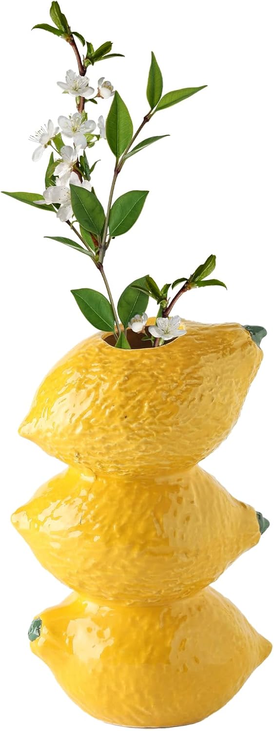 Unikalny żółty wazon w kształcie cytryny – kreatywny ceramiczny wazon do kompozycji kwiatowych, nowoczesna estetyczna doniczka