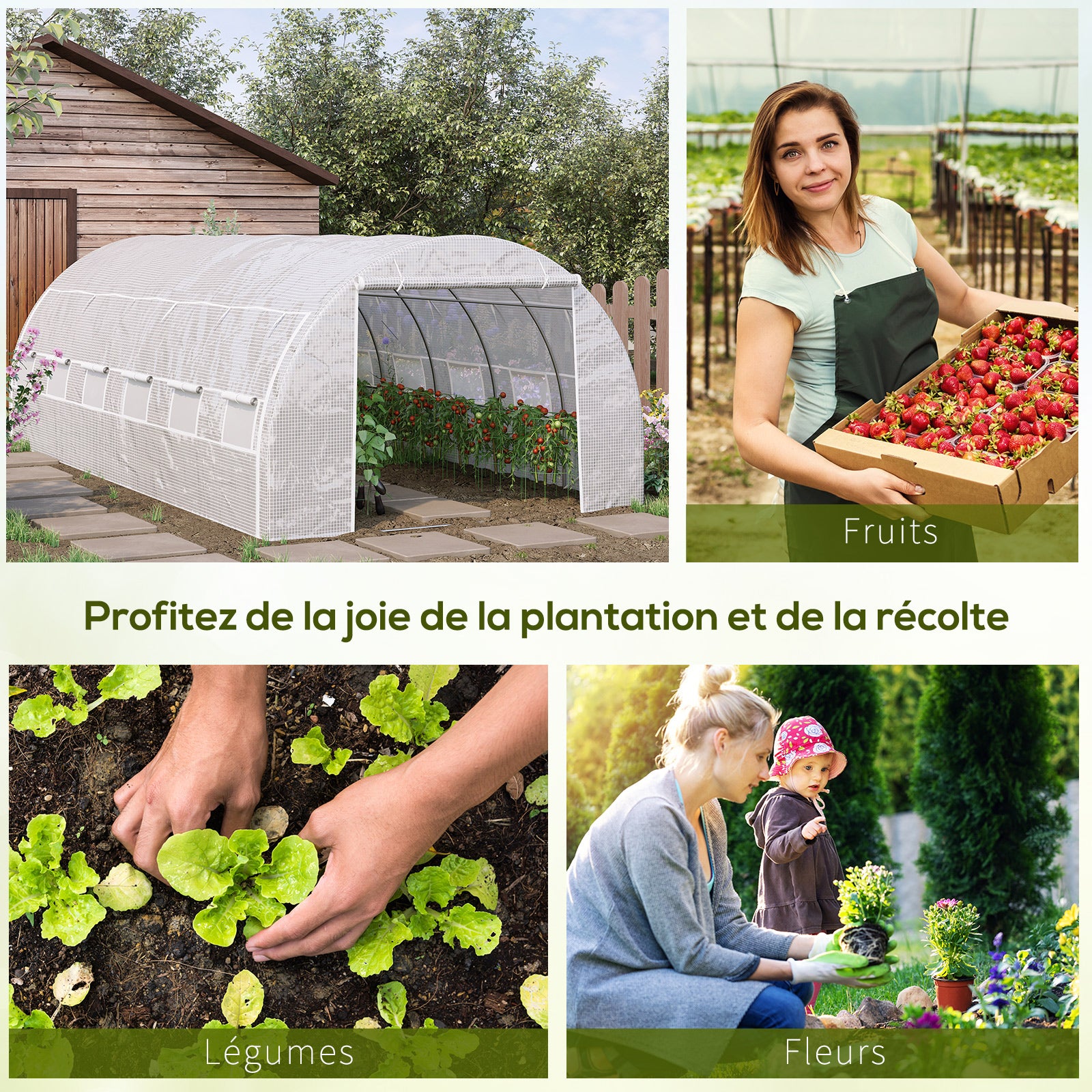 Serre de jardin 18m² 6x3x2m, portes et parois zippées, 12 fenêtres, PE 140g/m² anti-UV, acier, blanc, pour potager - 8