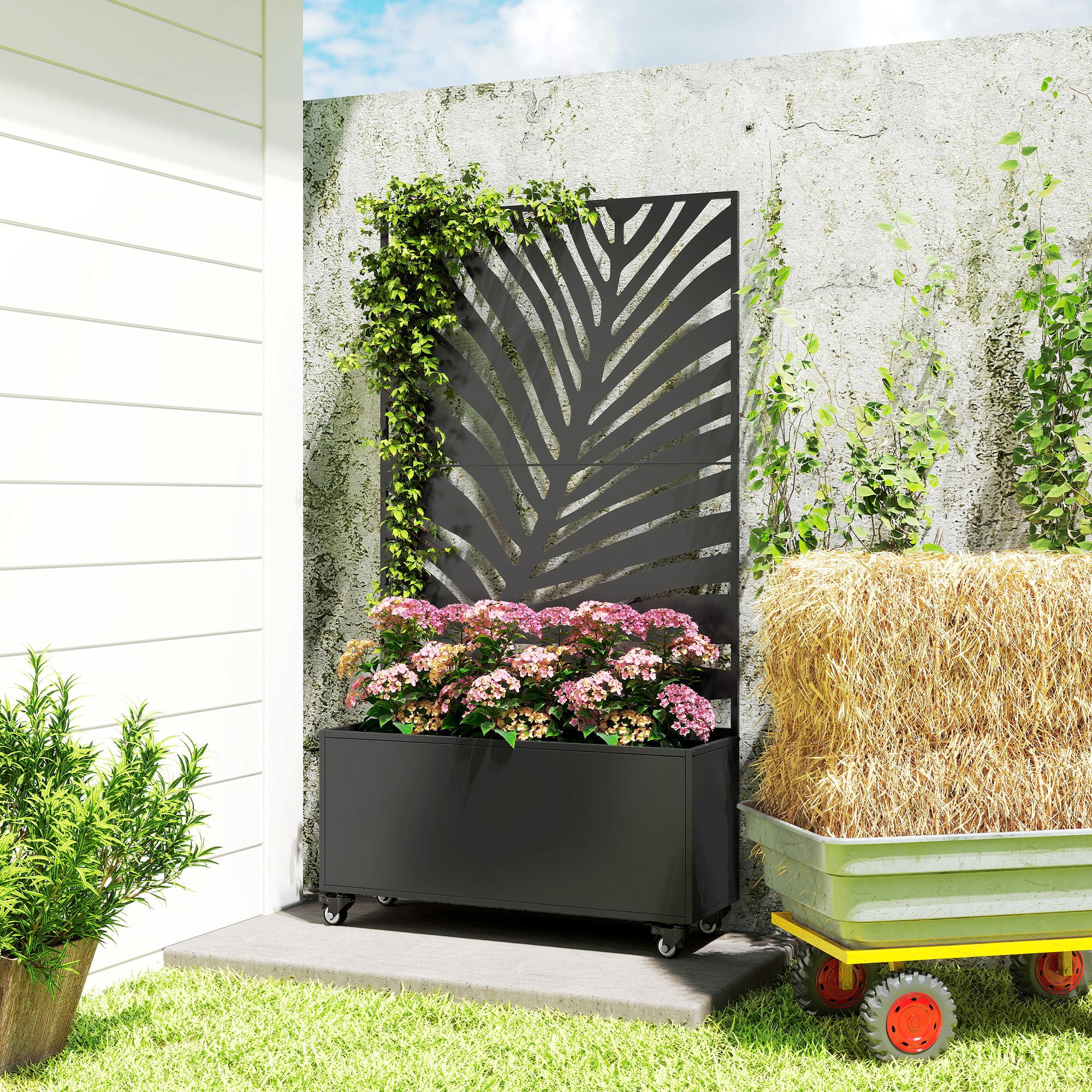 Jardinière avec treillis - Outsunny - avec brise-vue et roulettes verrouillables - pour plantes grimpantes - 90 x 30 x 160 cm, noir - 9