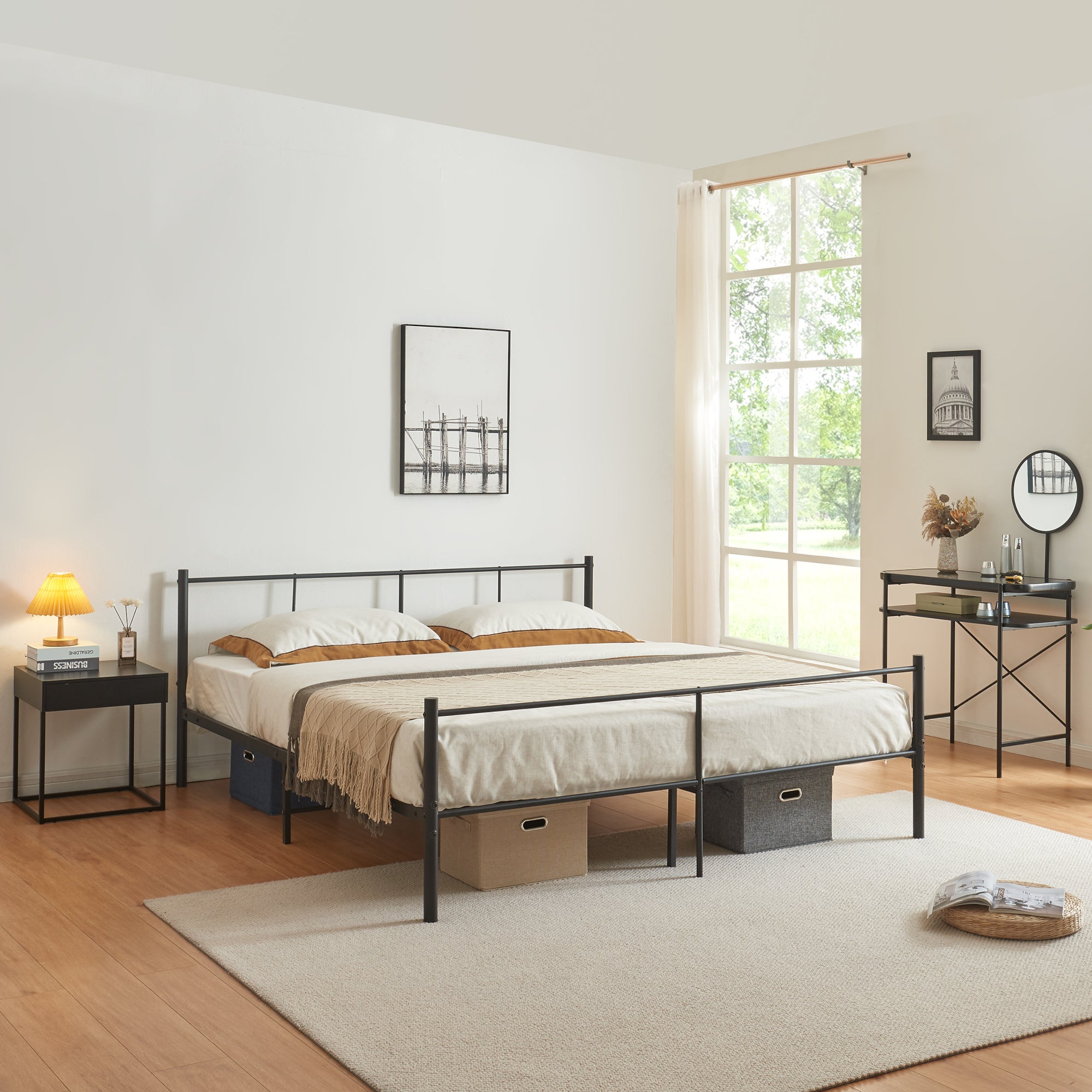 GAOMON Struttura Letto Matrimoniale In Metallo Con Contenitore – Testiera E Pediera, Base A Doghe, Sostiene Fino A 362 Kg – Facile Montaggio, Nero