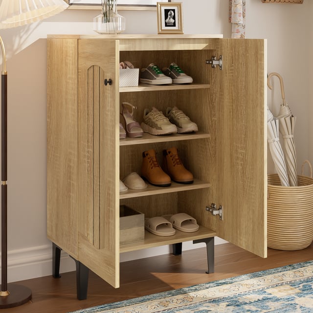 Nowoczesna szafa na buty 60x31,5x95 cm - 2 fronty - Wielopoziomowe półki - Płyty wiórowe - Kolor naturalny