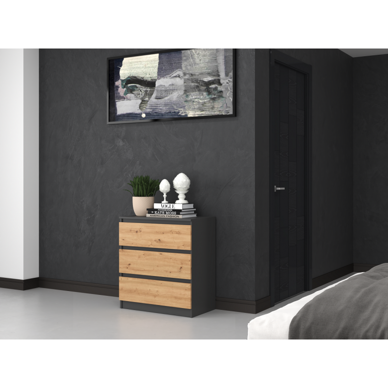ASTER T3 - Commode de chambre 3 tiroirs - 77x70x40 - Meuble de rangement - Style Scandinave - Gris/Artisan - 3