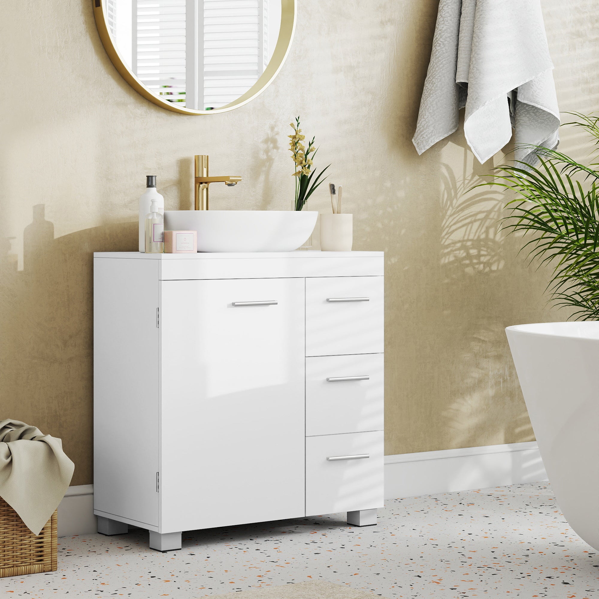 Armoire de Salle de Bain, Meuble Sous Lavabo avec Pieds, 2 Compartiments et 3 Tiroirs, Blanc - 3