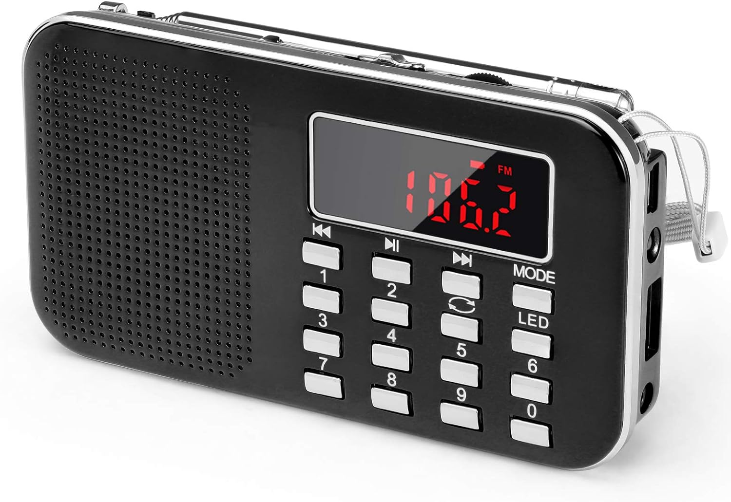 Małe przenośne radio z akumulatorem 1200 mAh i światłem awaryjnym, mini USB/SD/AUX (czarne)