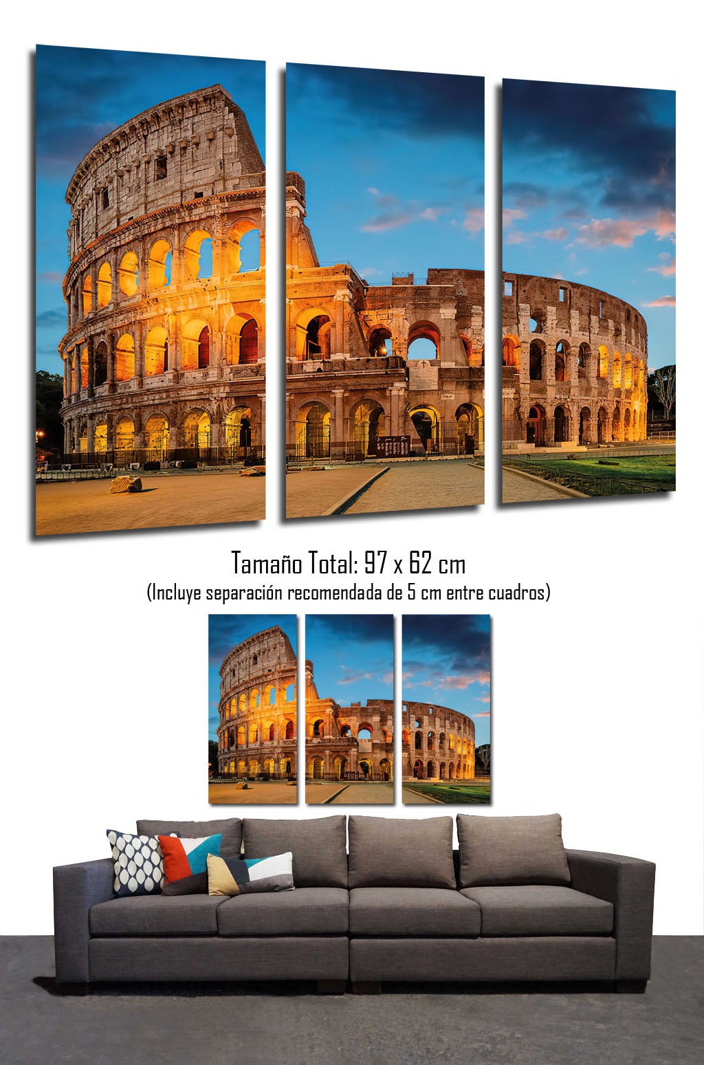 Set quadri decorativi Colosseo Romano, Roma, Italia, 7 meraviglie del mondo, stampa digitale su legno - 2