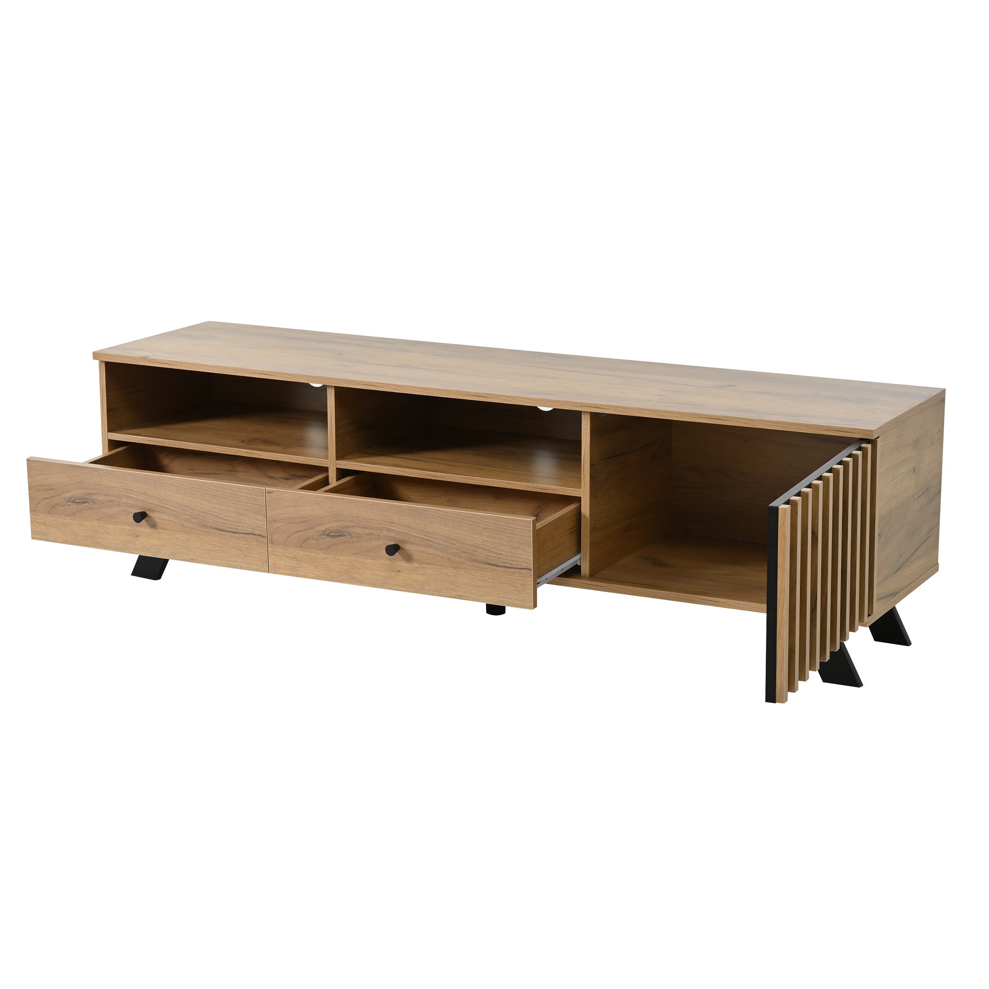 Meuble TV 150x38x44 cm - 2 tiroirs et 1 porte - 2 compartiments semi-ouverts - pour TV 60 pouces - naturel - 2
