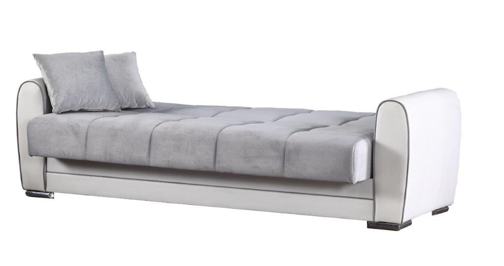 Sofá cama 3 plazas dike, sofá contenedor en ecopiel y tela, sofá de salón con apertura click-clack, 220x84h91 cm, blanco y gris