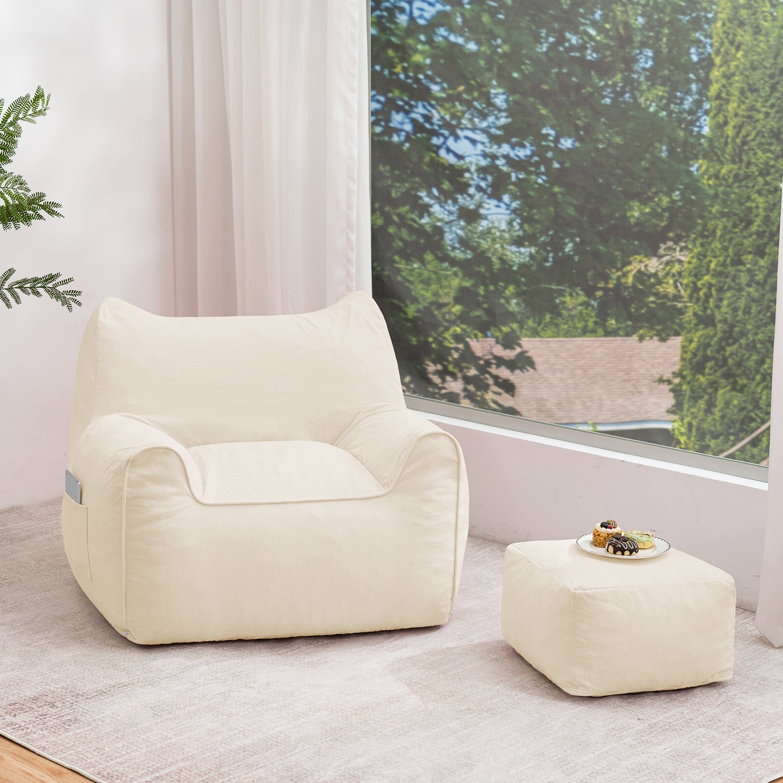 Poltrona in velluto a coste, poltrona a sacco con poggiapiedi, 90x75x75cm, per camera da letto, soggiorno, regalo di Natale - Beige - 9