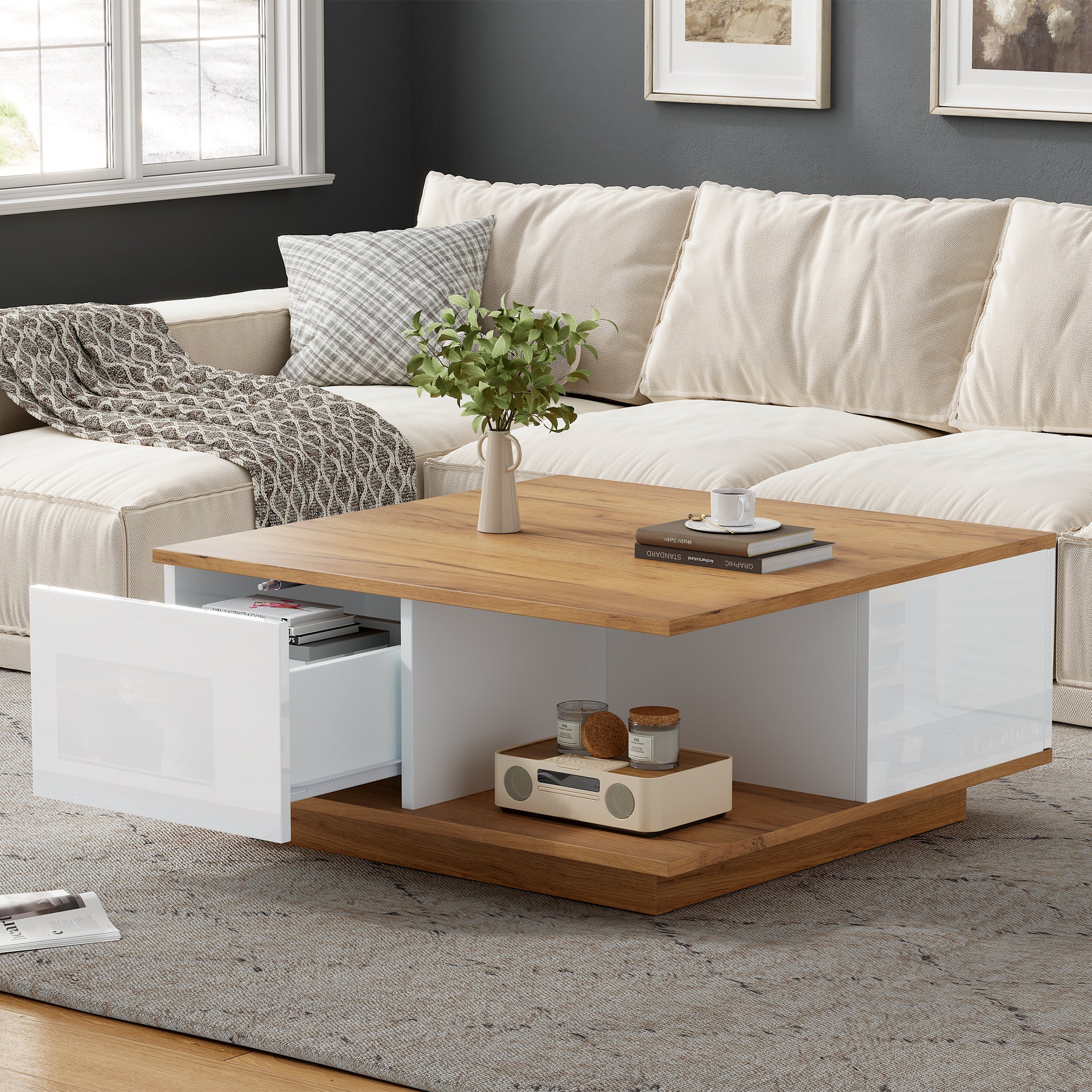 Stolik kawowy kwadratowy z 3 szufladami, stolik pomocniczy - 70 x 70 x 31,5 cm - diody LED - płyta wiórowa - kolor biały i orzechowy - 3