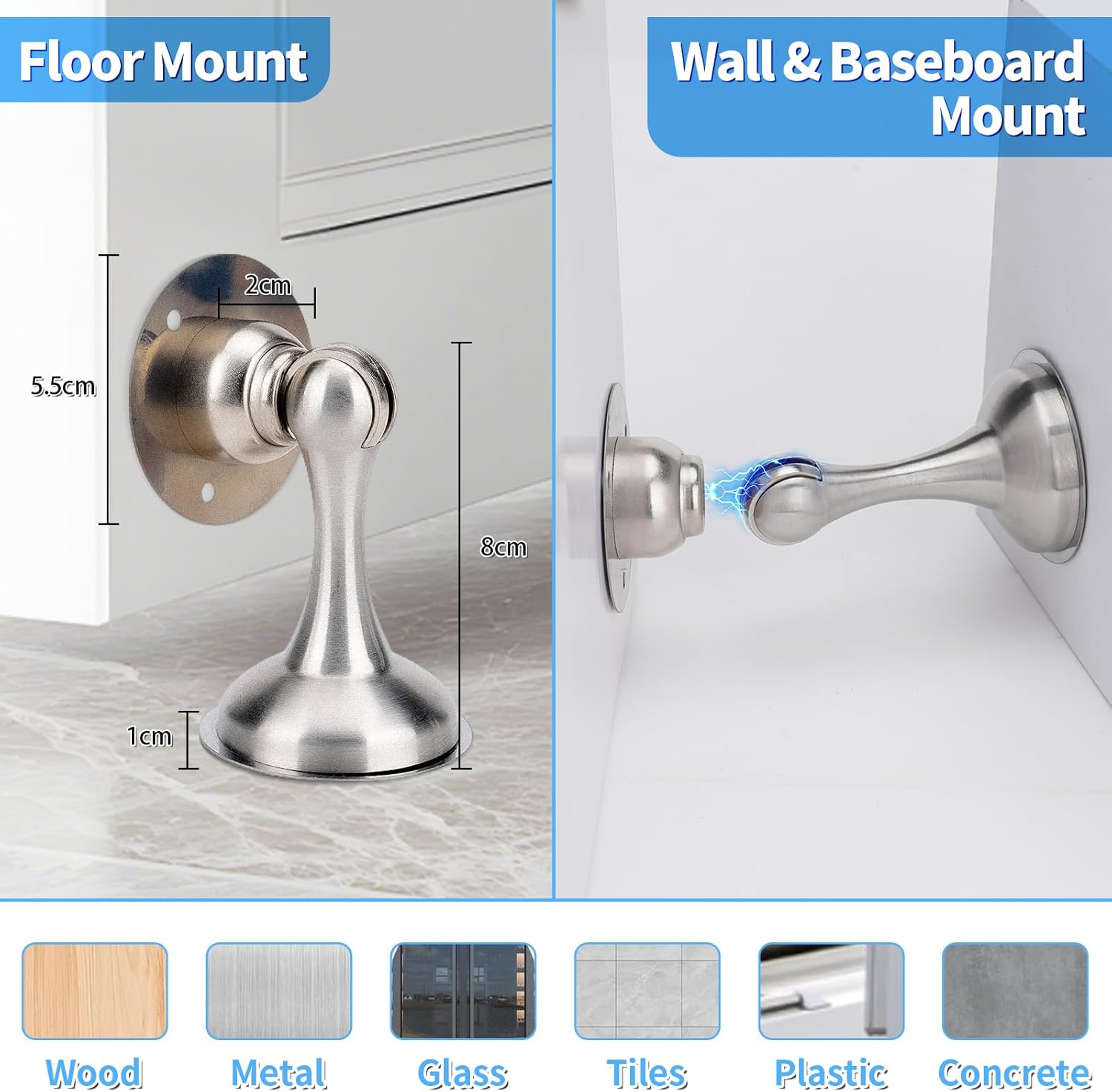 Lot de 2 Bloc Porte Magnétiques, Bloque Porte Interieur Sans Percer, Arrêt Butee de Porte Stop Porte en Acier Inoxydable, Butoir Porte Mural Door Stop - 3