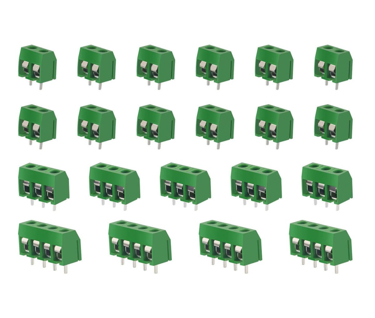 100 sztuk złączek śrubowych do PCB, rozstaw 5 mm, 2-, 3- i 4-stykowe złącze śrubowe do PCB, kolor zielony