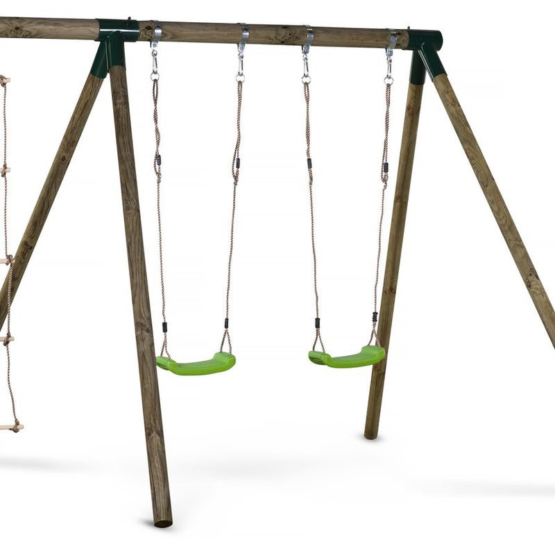 Drewniana huśtawka "Timo" - z 2 huśtawkami i 1 drabinką linową.