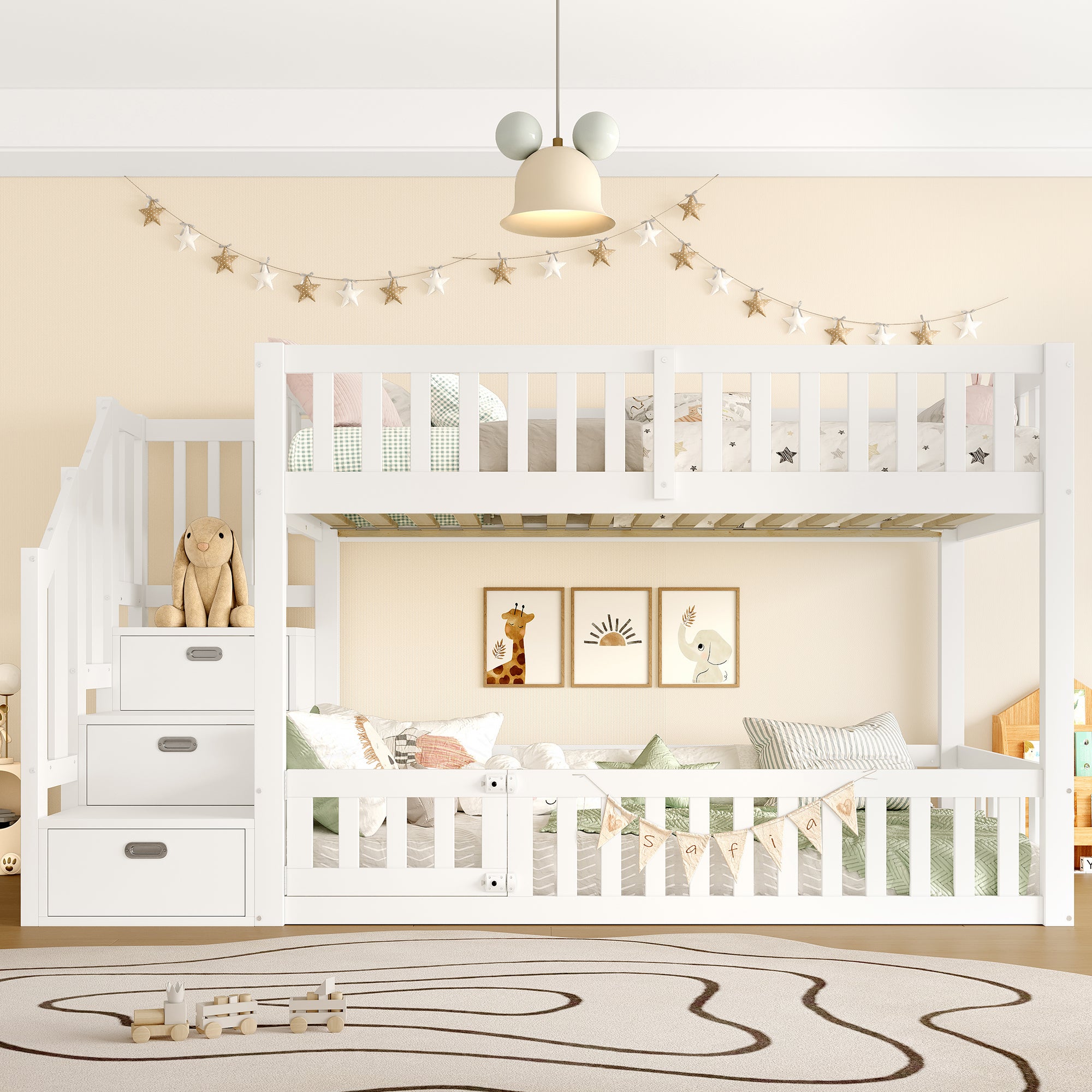 Litera Infantil 90x200 cm Blanco, Madera de Pino + MDF, Cama Baja con Escalera de Almacenamiento, Barandilla Segura - 2