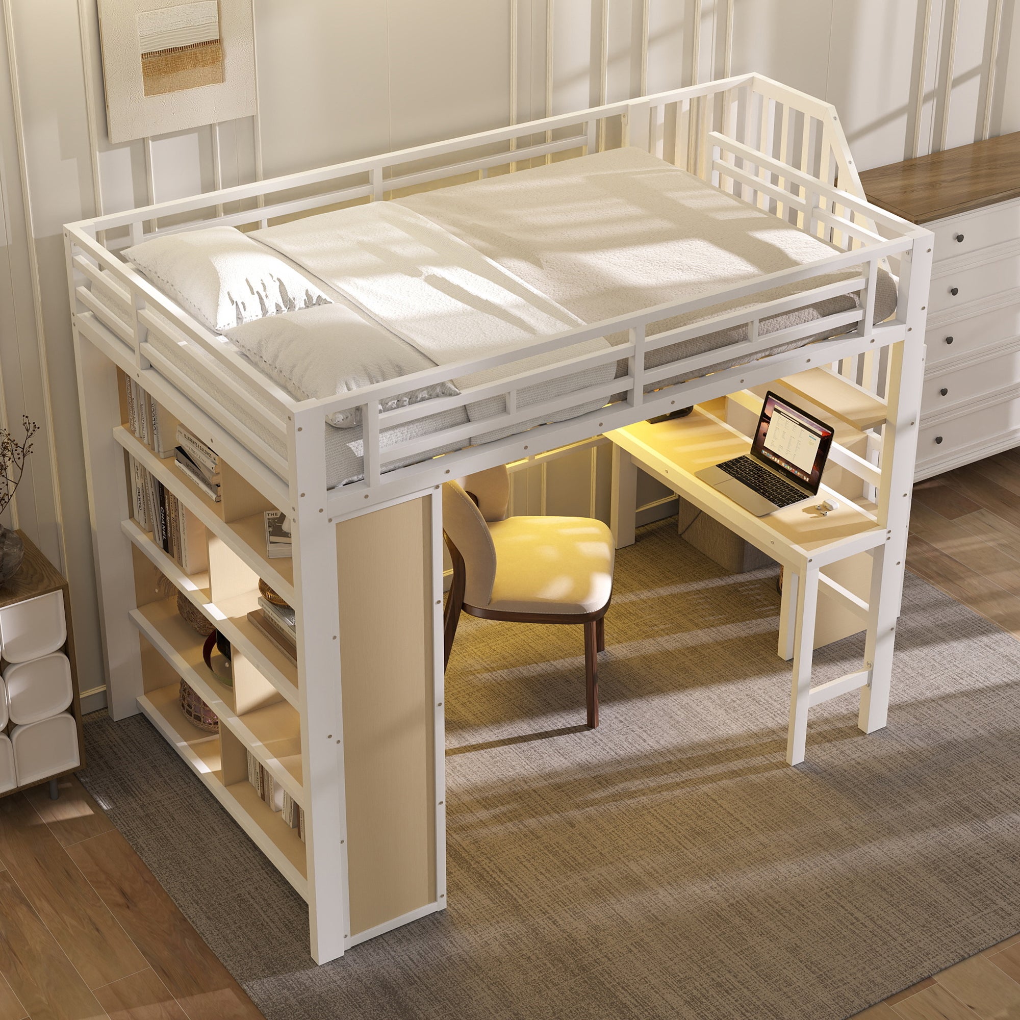 Lit Mezzanine 140x200 avec Bureau Intégré et Éclairage LED, Cadre Métal MDF Blanc, Escalier Rangement Étagères, Sommier à Lattes Inclus, Sans Matelas - 5