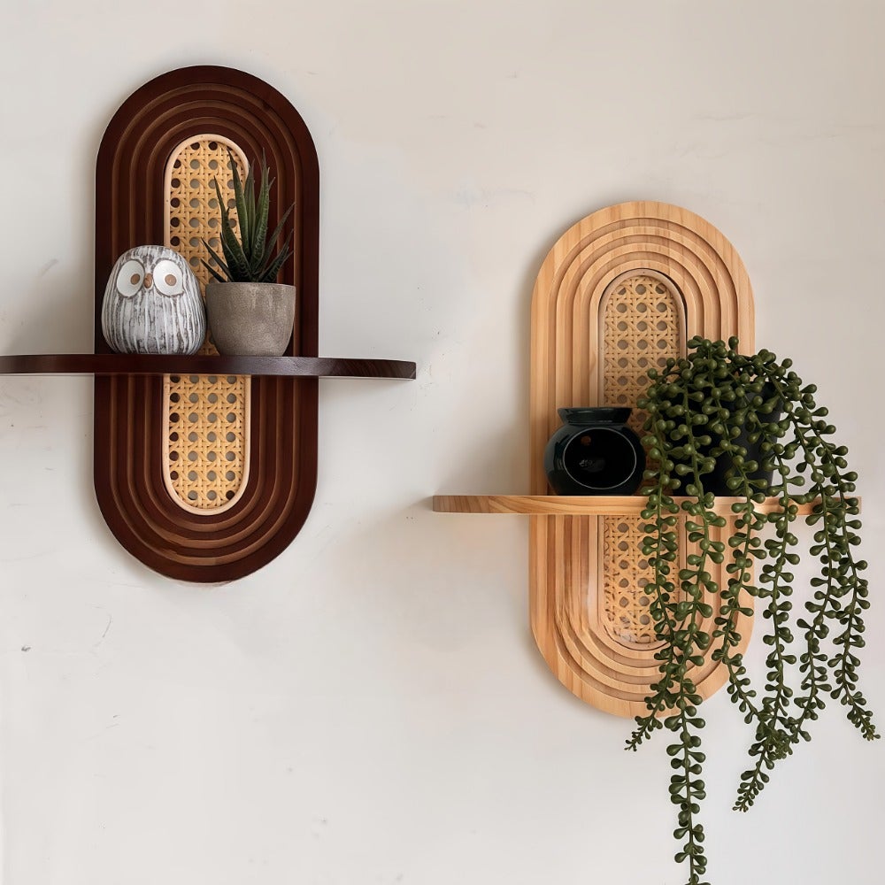 Etagère Murale Moderne En Rotin, Étagère Suspendue Bohème, Décoration Murale Arquée Pour Chambre À Coucher Et Salon, Couleur Bois Originale - 3