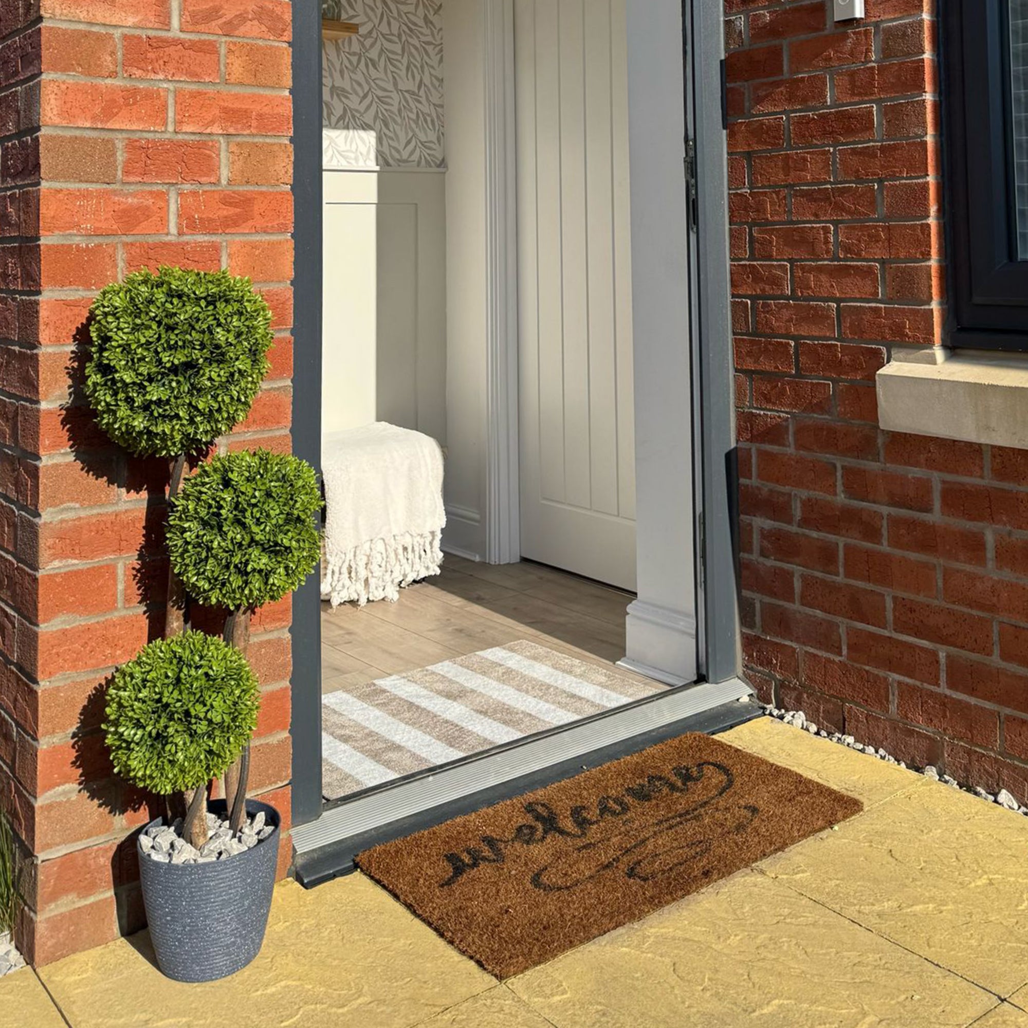 Plante artificielle de buis avec 3 boules, fausse plante pour l'intérieur et l'extérieur, pot inclus et base renforcée, hauteur 90 cm - 9