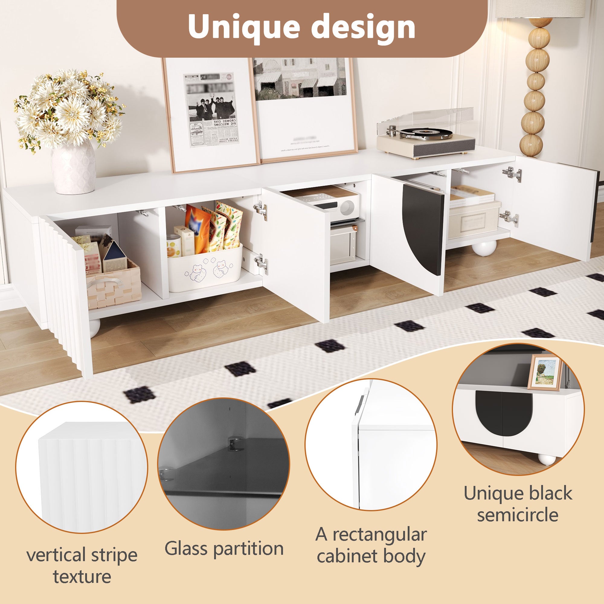Nowoczesna szafka RTV z 4 drzwiami i 2 półkami - 180 x 40 x 41,5 cm - Płyta wiórowa + MDF - Biała - 7