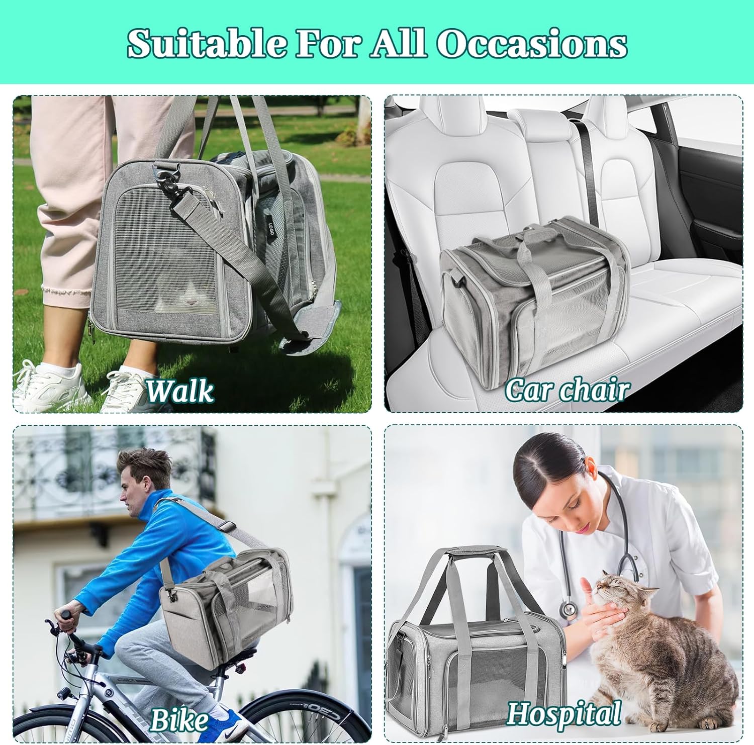 Bolsa de transporte dobrável e respirável para gatos e cachorros, ideal para viagens de trem e carro (cinza, 45x28x28cm). - 6