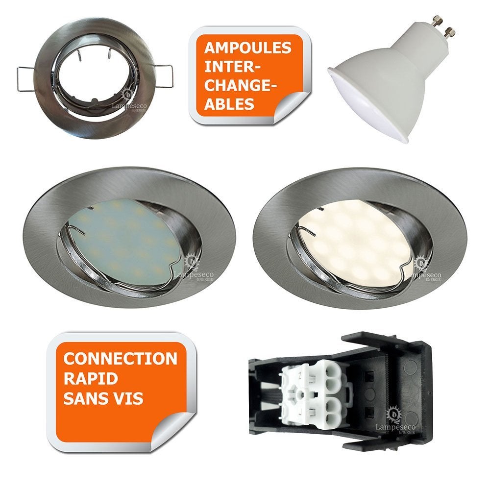 Lot de 3 Spot led encastrable orientable alu brossé avec ampoule gu10 230v eq. 50w, blanc chaud - 2