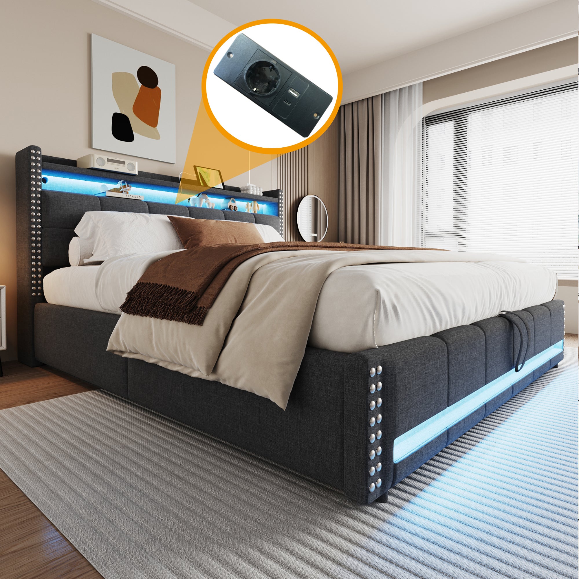 Cama con almacenaje de 180 x 200 cm, tapizada con iluminación LED ...