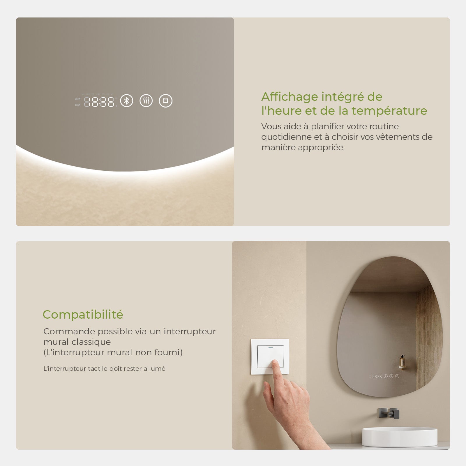 S'AFIELINA Miroir de Salle de Bain avec Éclairage Asymétrique 75 x 55 cm, 3 Couleurs de Lumière Réglables, Antibuée, Bluetooth, Horloge, Température - 5
