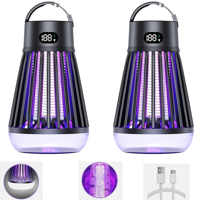 Lampada antizanzare portatile 2 in 1, 2000 mAh, luce viola per catturare le zanzare, lampada antizanzare da campeggio all'aperto, nero