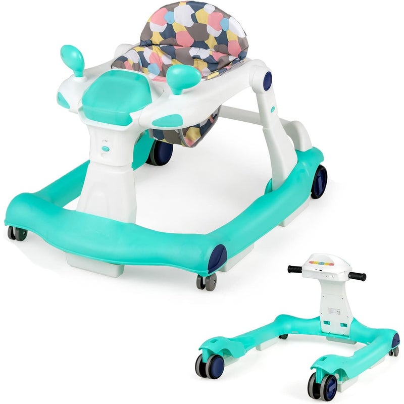 Chodzik dla Niemowląt w Wieku 6–18 Miesięcy, Chodzik Ewoluujący 2 w 1, Składany Pchacz z Lampką i Muzyką, Regulowana Wysokość w 3 Pozycjach (Zielony)