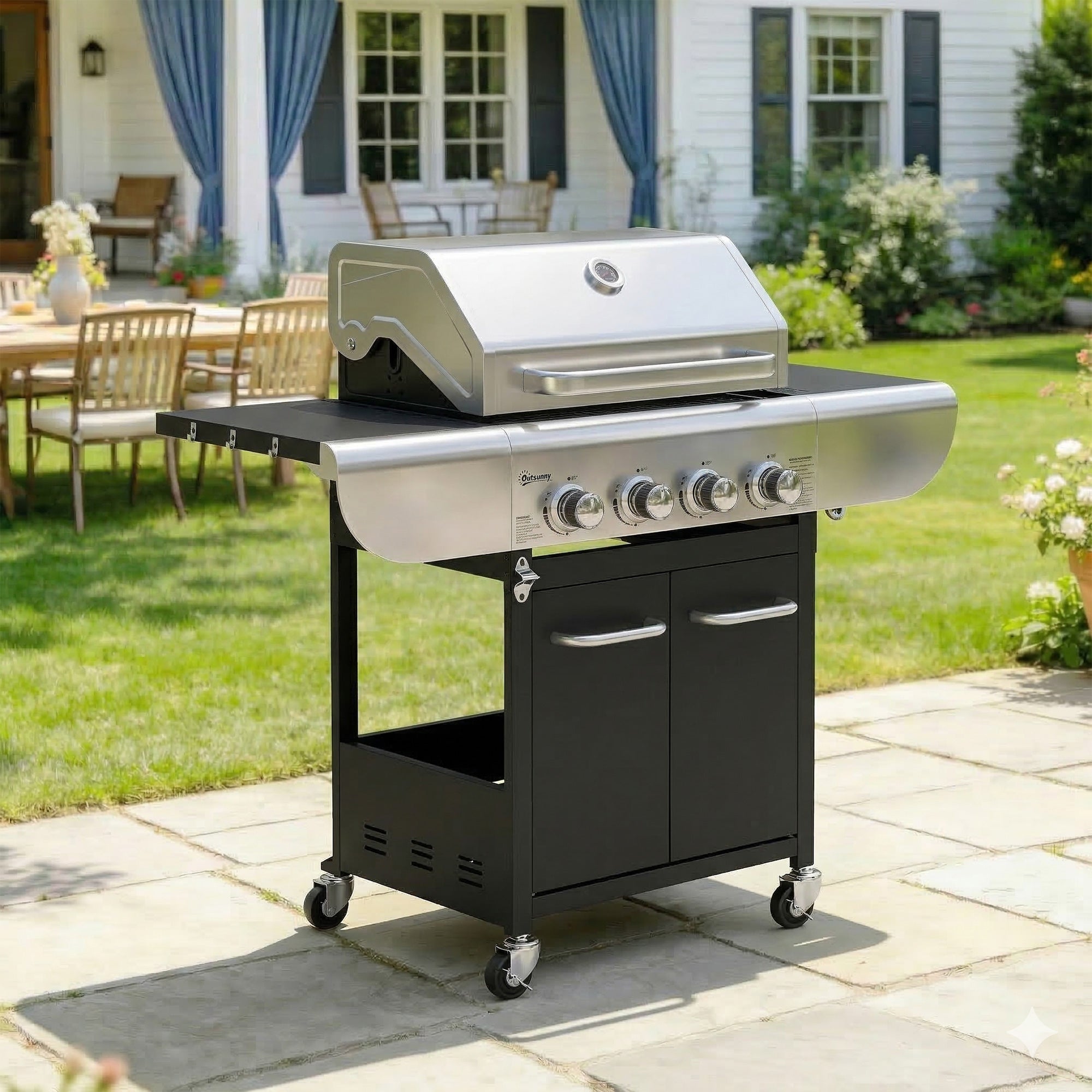Outsunny Barbacoa De Gas Acero Inoxidable, Metal 129X55x117 Cm Negro Acero Inoxidable, Leroy Merlin