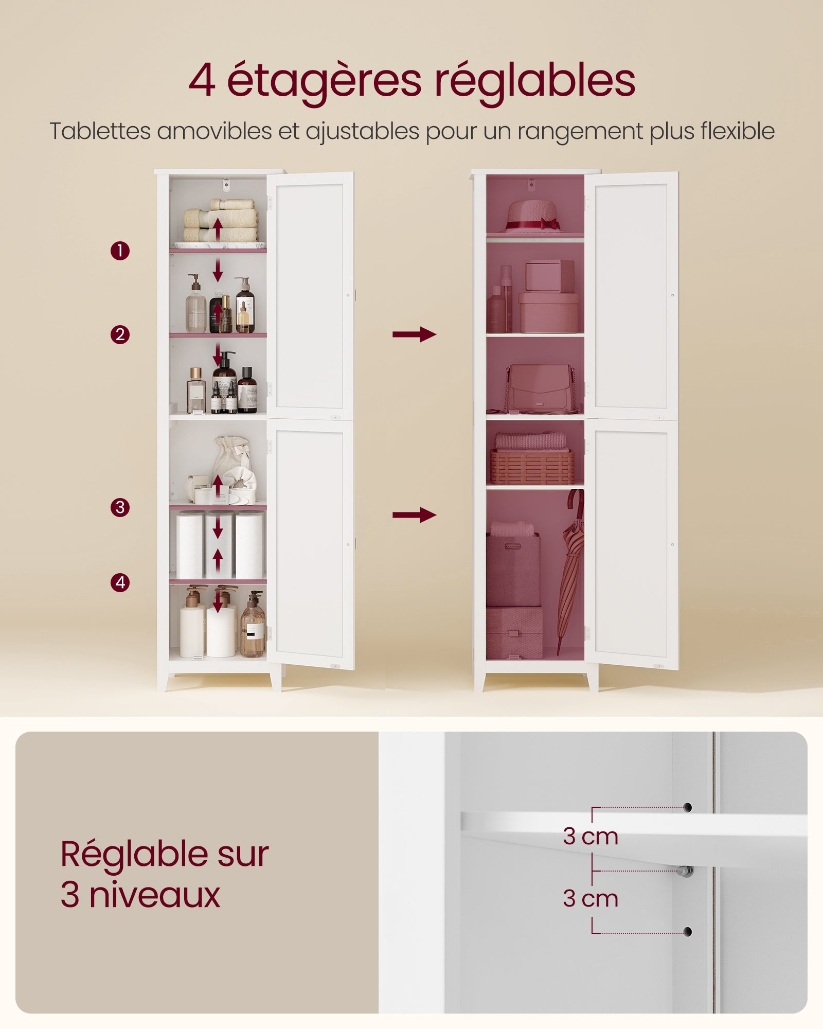 Armoire de Salle de Bain Haut, avec Miroir Pleine Longueur, Meuble de Salle de Bain, avec Étagères Réglables, 30 x 40 x 160 cm,Blanc - 3