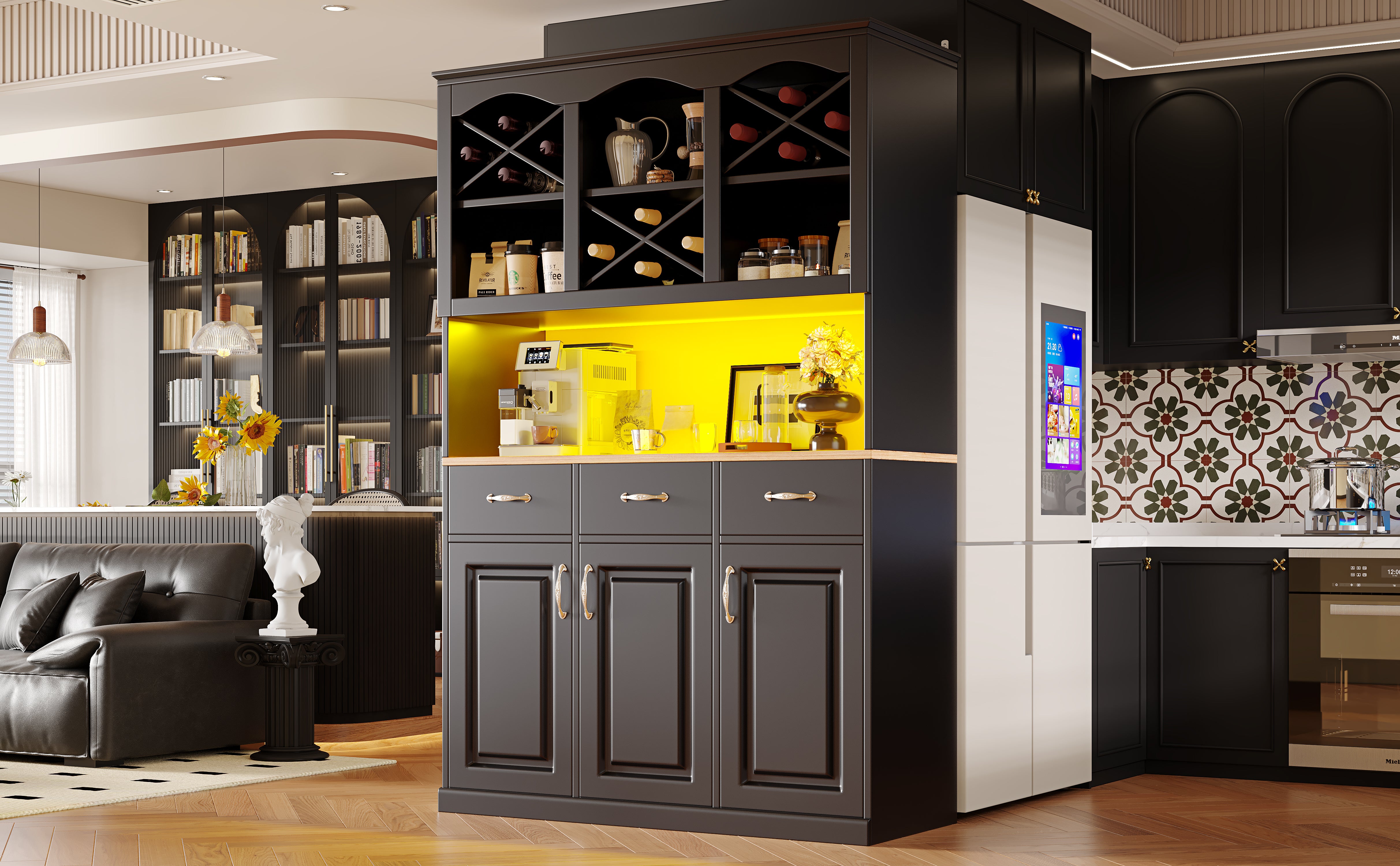 Buffet de cuisine avec 3 portes, 3 tiroirs et casiers à vin - 120 x 40 x 180 cm - LEDs - MDF - pour cuisine ou salle à manger - Noir - 3