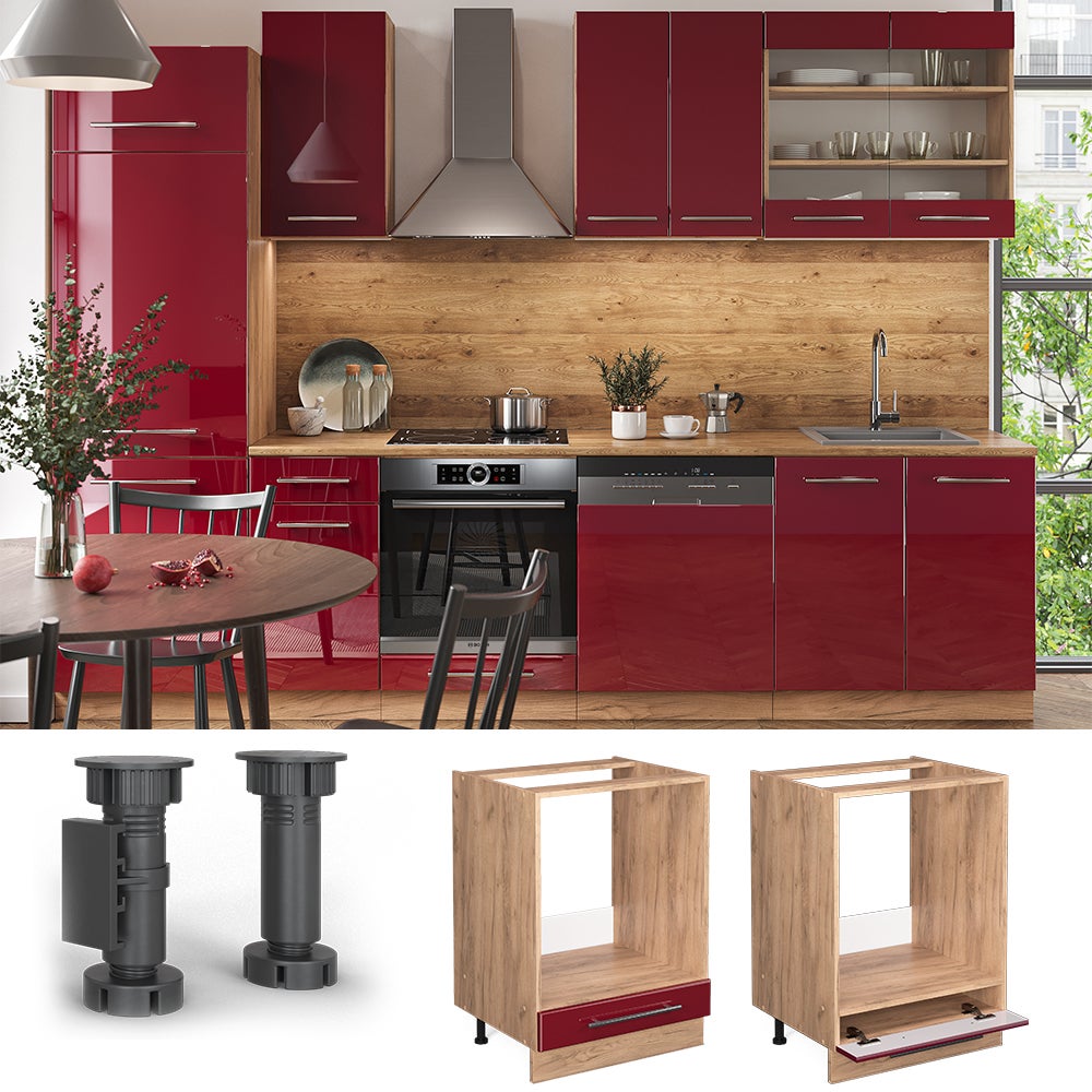 Vicco Meuble pour four Fame-Line, Rouge bordeaux Haute brillance, 60cm sans PT - 2