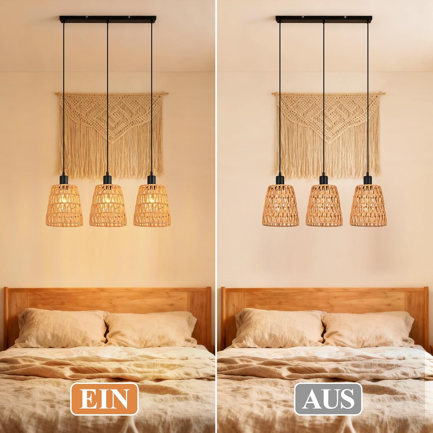 Lampa wisząca Nettlife Boho Rattan z 3 żarówkami – żyrandol z plecionej liny konopnej w stylu vintage, E27 (żarówki nie są dołączone) - 7