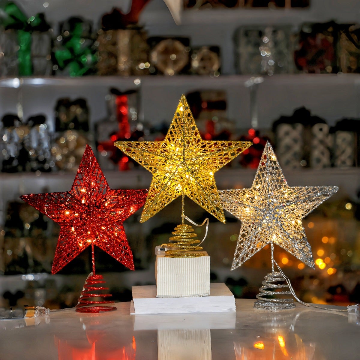 Topo de árvore de Natal, decoração de Natal, topo de árvore de estrela de Natal com luz LED, enfeites de árvore de Natal, dourado - 3