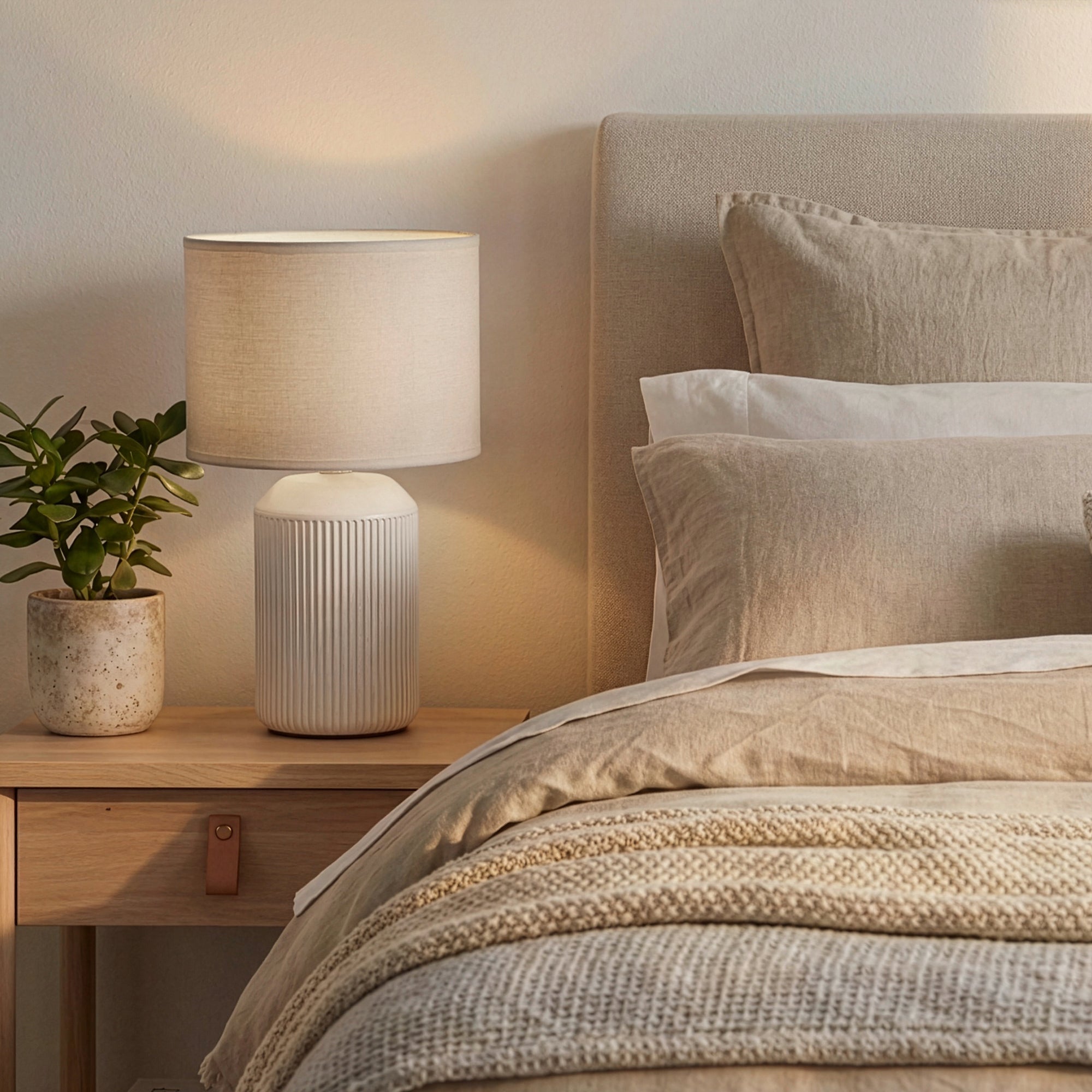 Lampe de table INO en céramique avec abat-jour tissu, blanc, câble interrupteur, IP20, Ø220x375mm, douille E27 max. 10W, sans ampoule - Briloner - 8
