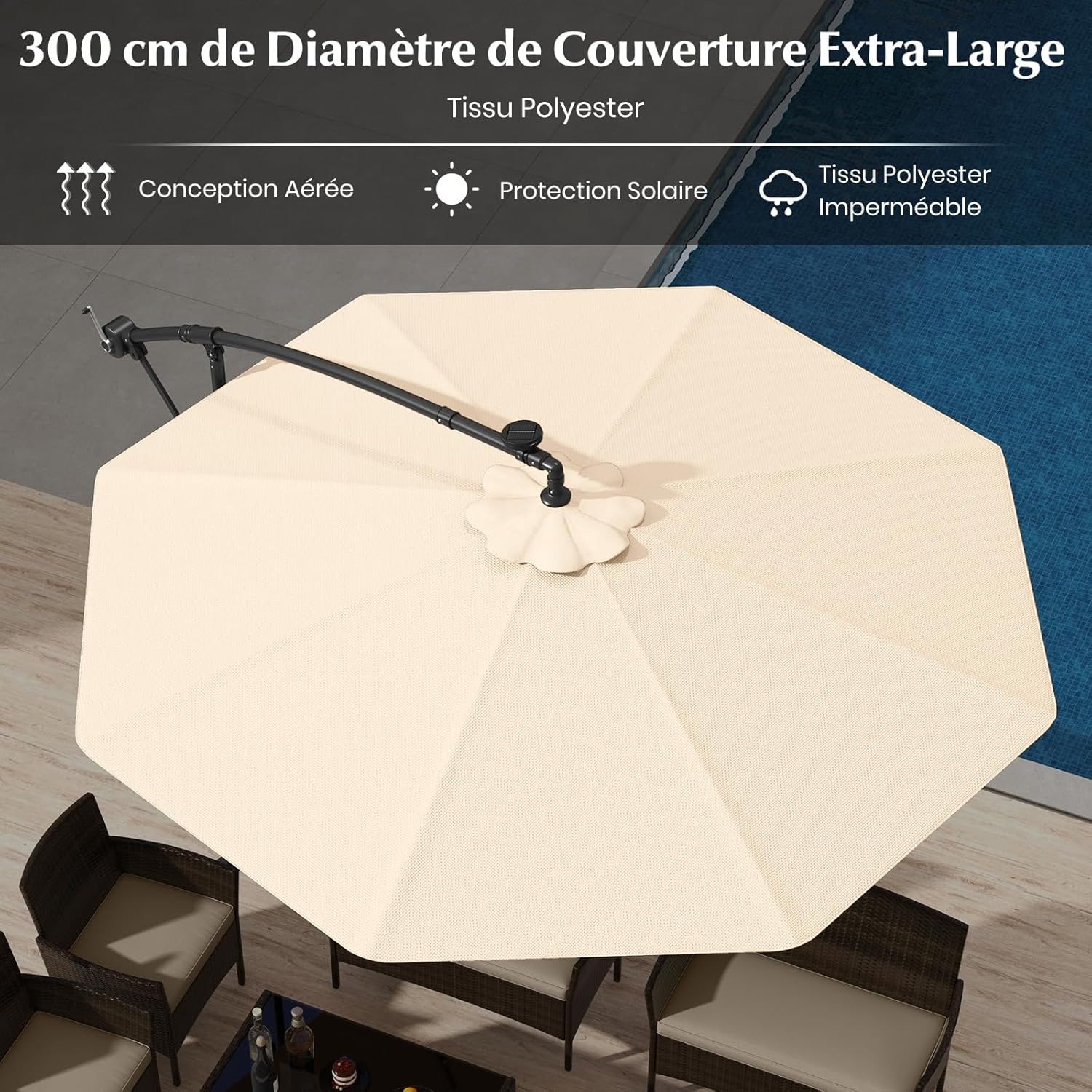 Parasol Déporté Ø300CM Parasol de Jardin Extérieur Inclinable 40 LED Solaires 8 Baleines, Grand Parasol avec Pied pour Terrasse Plage Cour (Beige) - 3