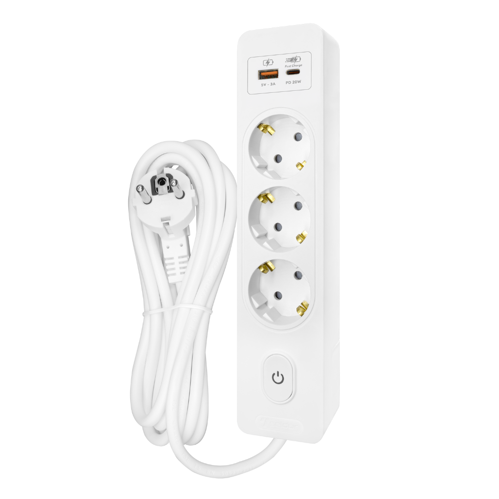 Multiprise SELDUR G3TH32B, 3 prises type F + interrupteur, USB A+C charge rapide 20W, Blanc, câble 3m - 3