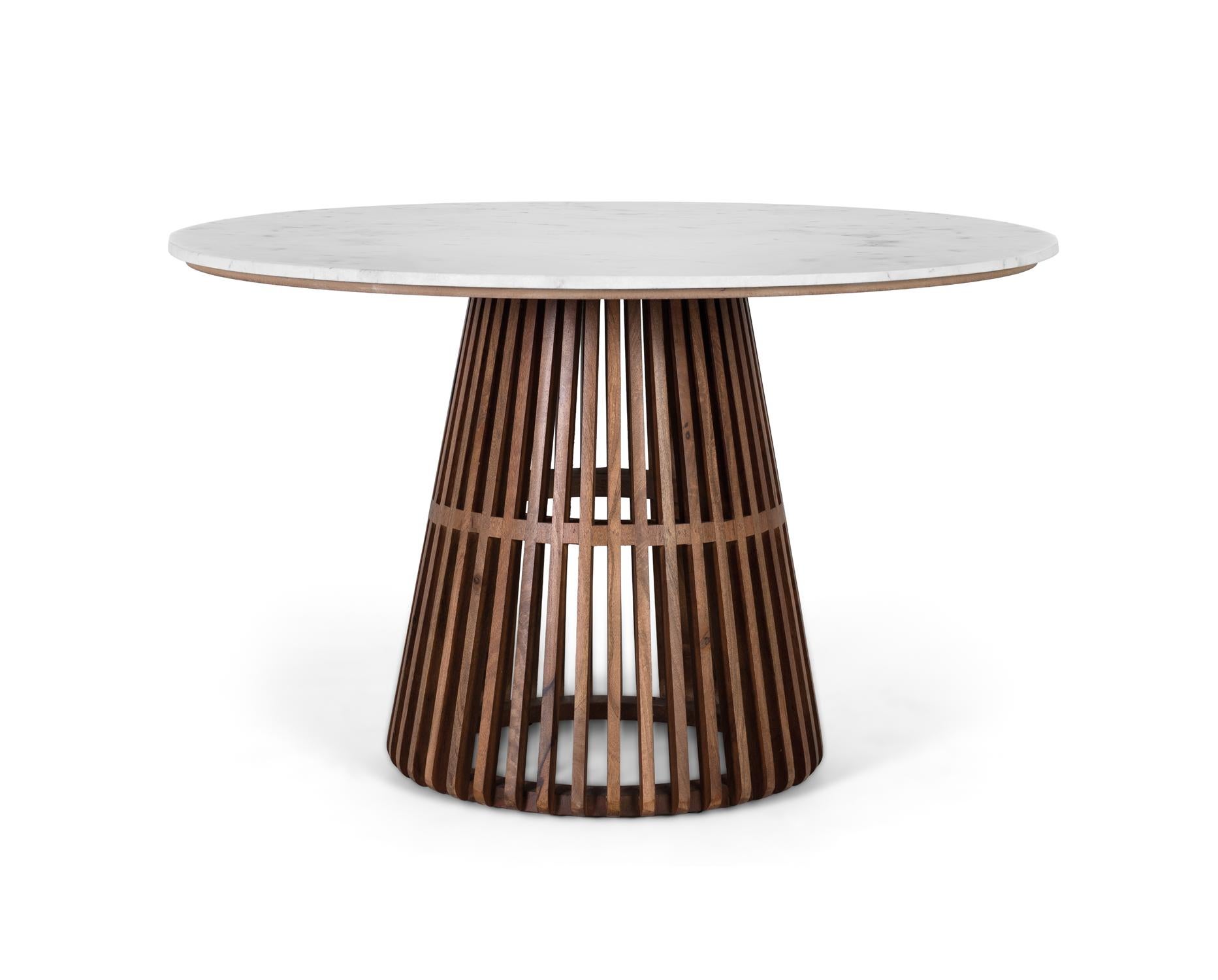 Table à manger ronde en marbre clair et bois de manguier