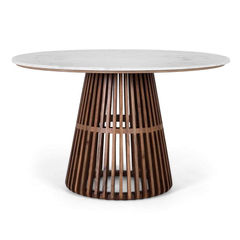 Table à manger ronde en marbre clair et bois de manguier